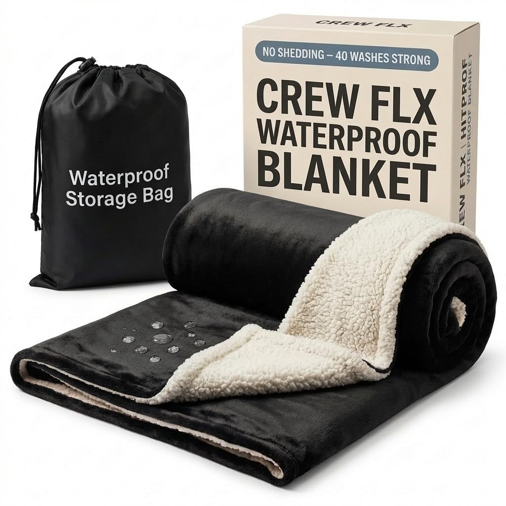 CREW FLX Waterproof Blanket for Bed (80"x60" Queen Size) – Reversible Plush Sherpa Fleece, Moisture Absorbent TPU Layer, Stain Proof Mattress & Couch Protector – Machine Washable - Black