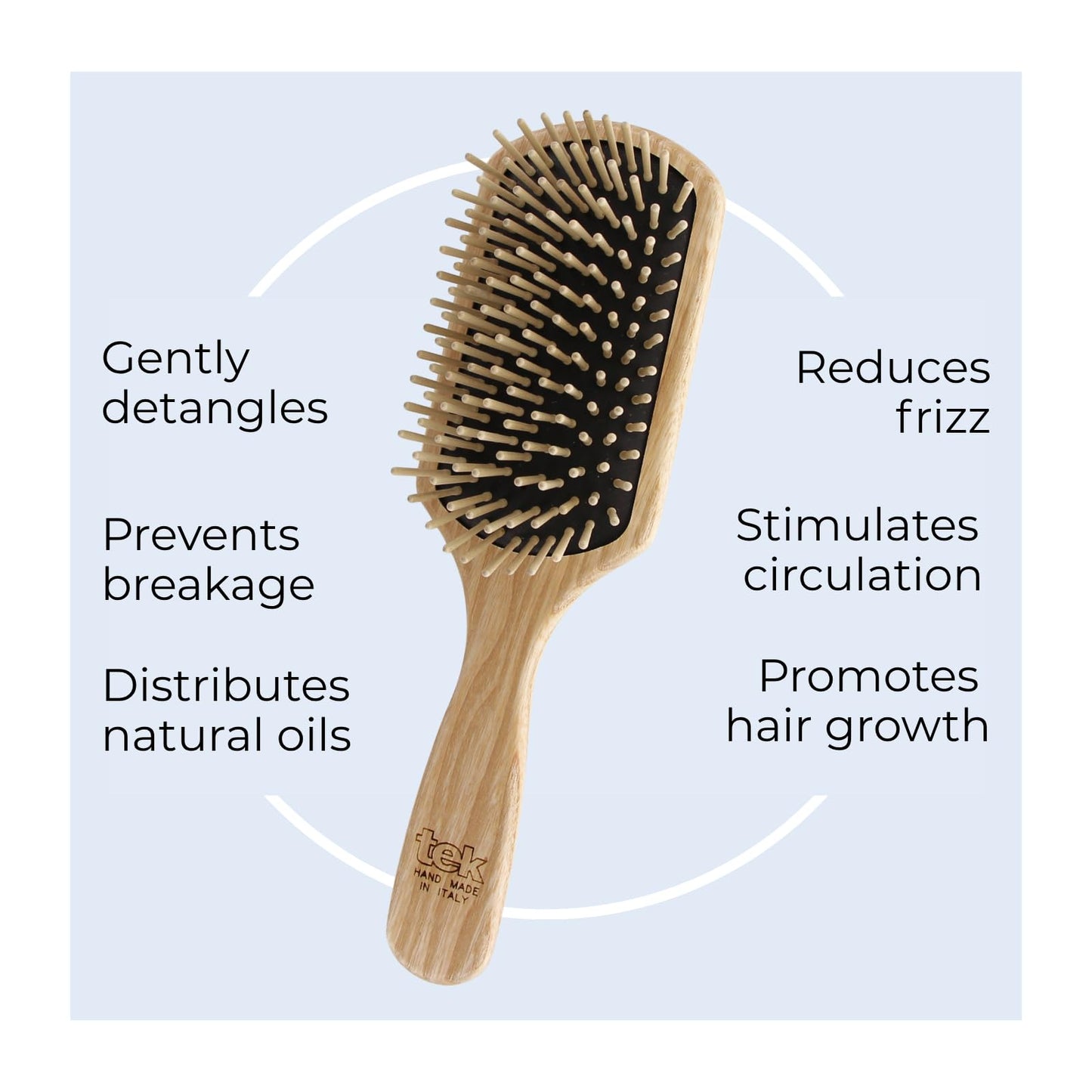 TEK - Large Rectangular Ash Wood Brush Handmade in Italy, with Short Tooth, for Medium, Short and Straight Hair - 22 x 6.5 cm