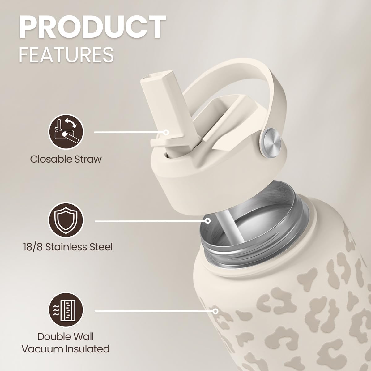 Leopard Print Water Bottle Stainless Steel Vacuum Insulated with Lid Leopard Print Water Bottles for Gym Sports Travel Outdoor Gifts for Women Girls Ladies Birthday
