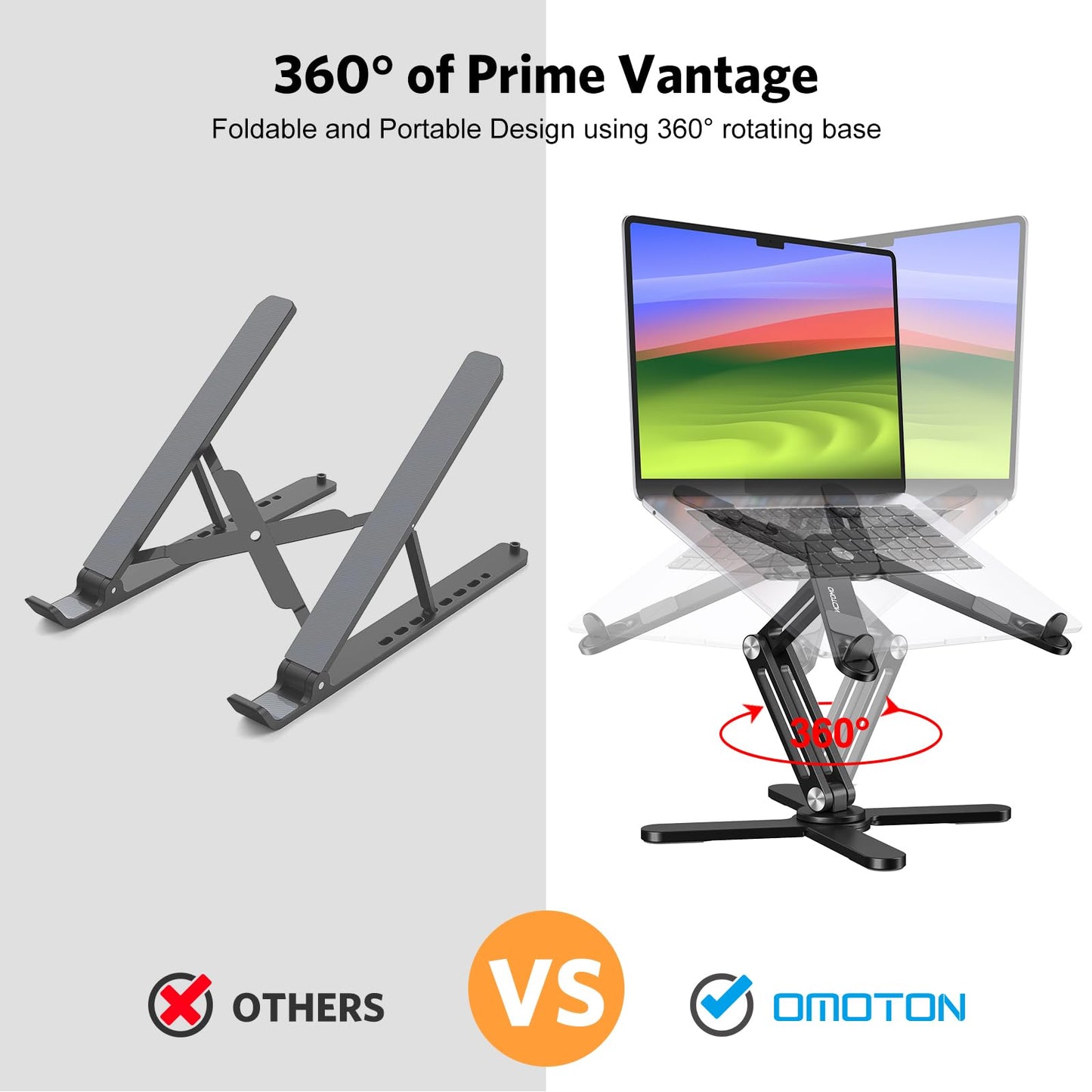 OMOTON Foldable 360 Rotating Laptop Stand for Desk, Adjustable Computer Stand Riser for Collaborative Work, Easy Storage Aluminum Holder Fit for All Laptops up to 16 inches (Black)