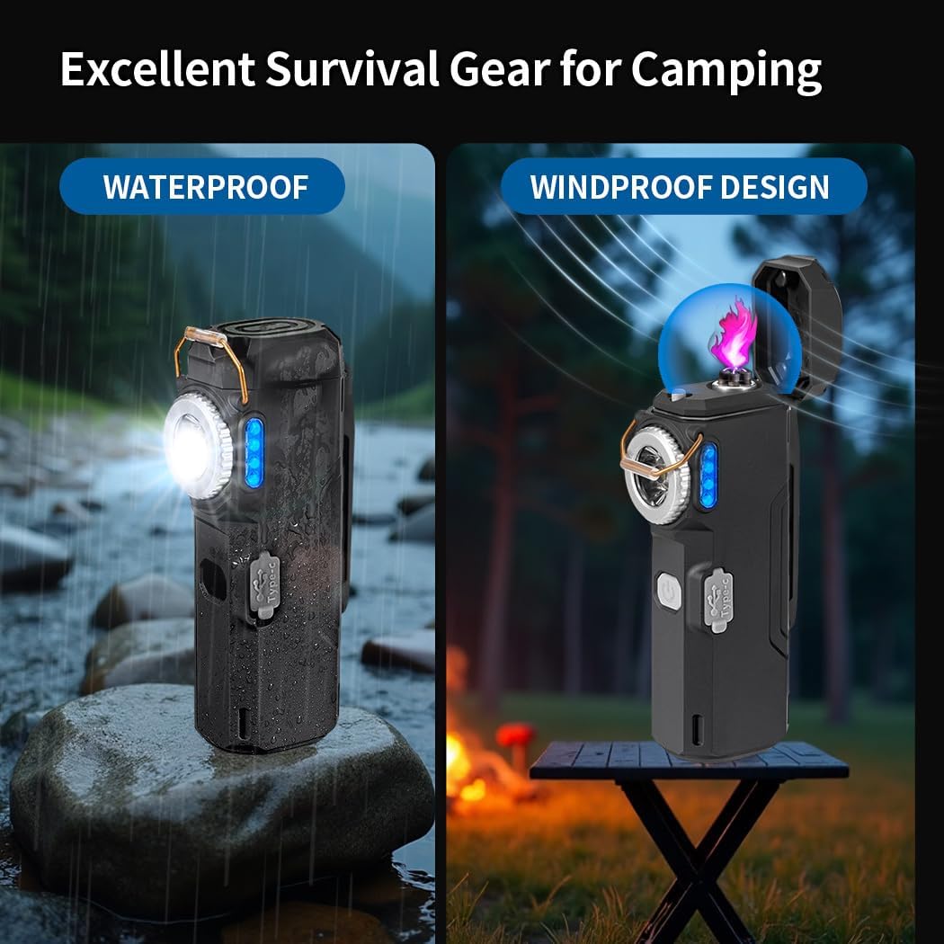 BY-J Electric Lighter with Digital Display and Flashlight - Type C Smart Fast Charge, Plasma Arc, Waterproof and Windproof Flameless Cool for Camping, Hiking, Outdoor Activities, Black