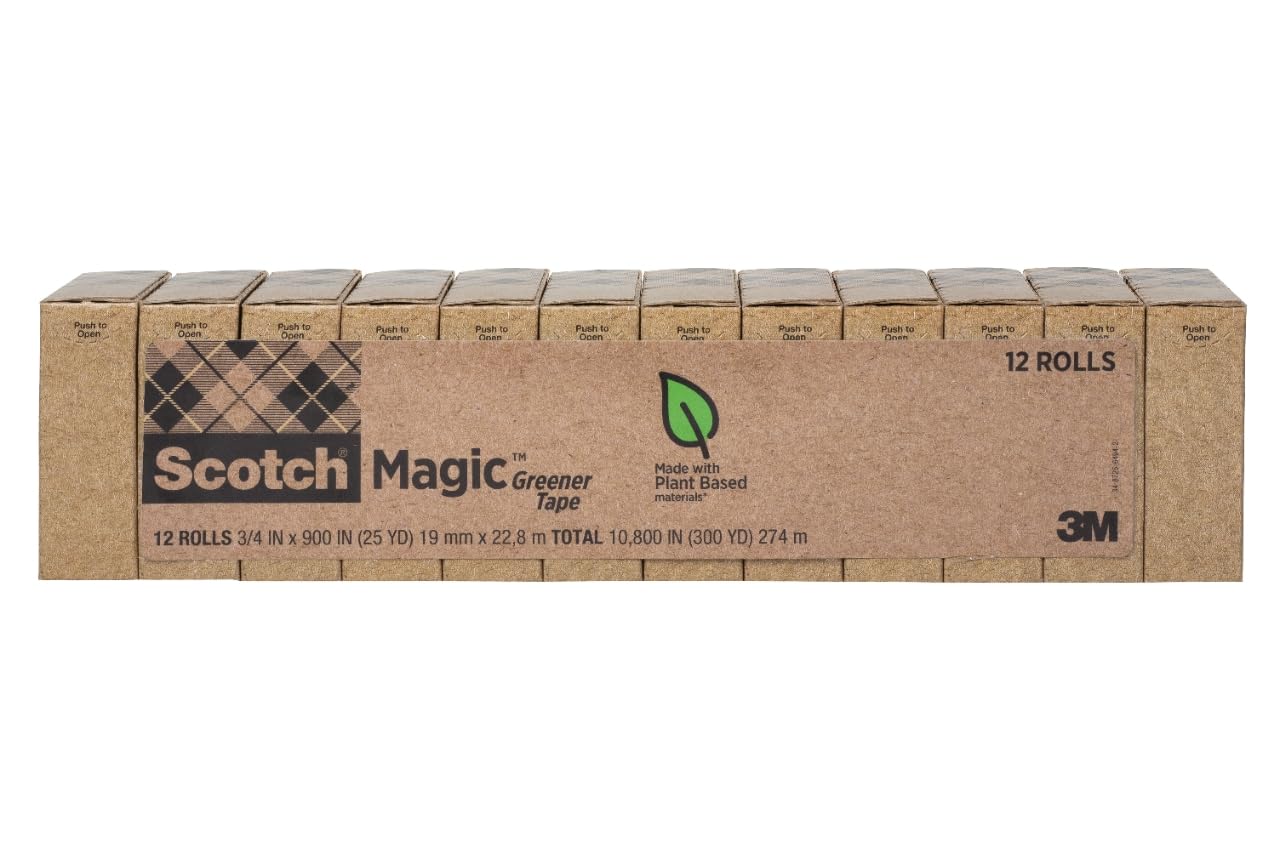 Scotch Magic Greener Tape, 12 Rolls, Numerous Applications, Invisible, Engineered for Repairing, 34 x 900 Inches, Boxed