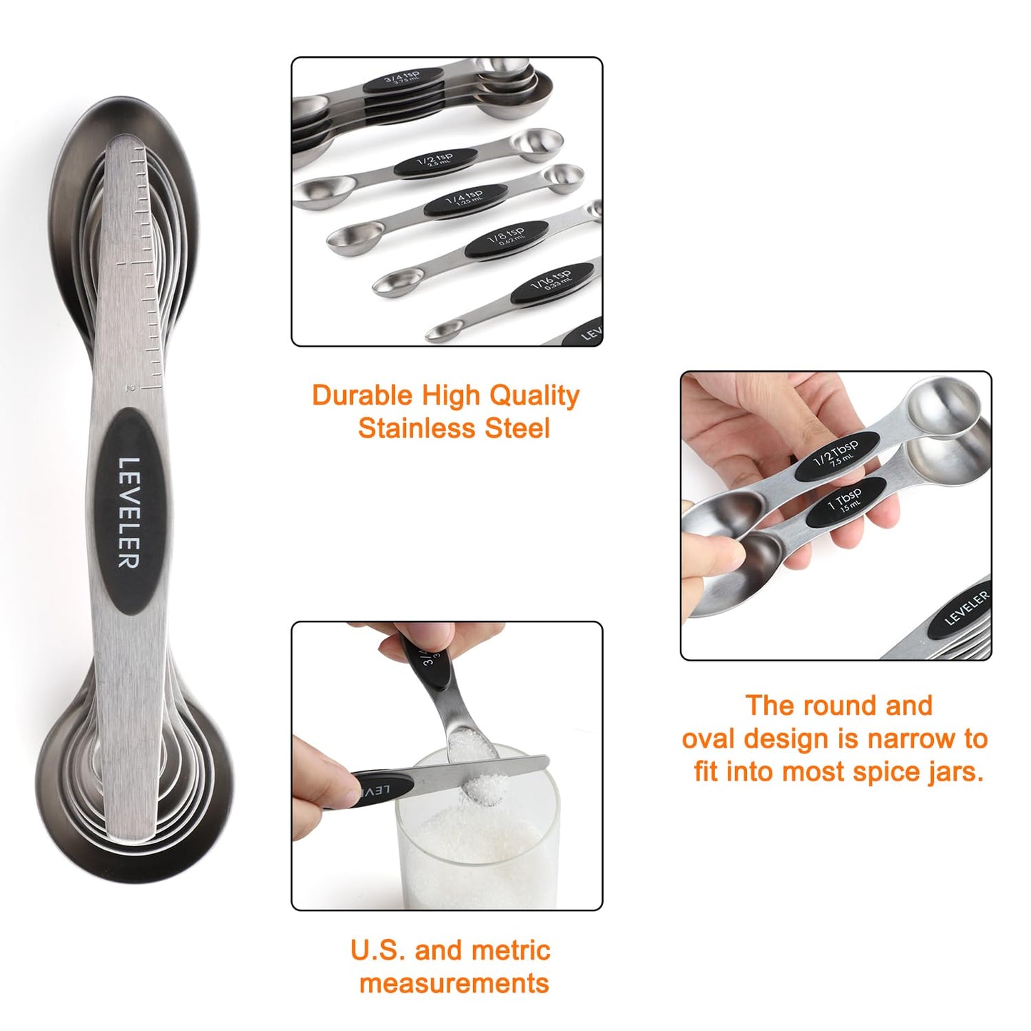 Magnetic Measuring Cups and Spoons Set of 17 Including 8 Stainless Steel Stackable Magnetic Measuring Cup 8 Magnetic Measuring Spoon with Leveler for Dry Liquid Ingredient