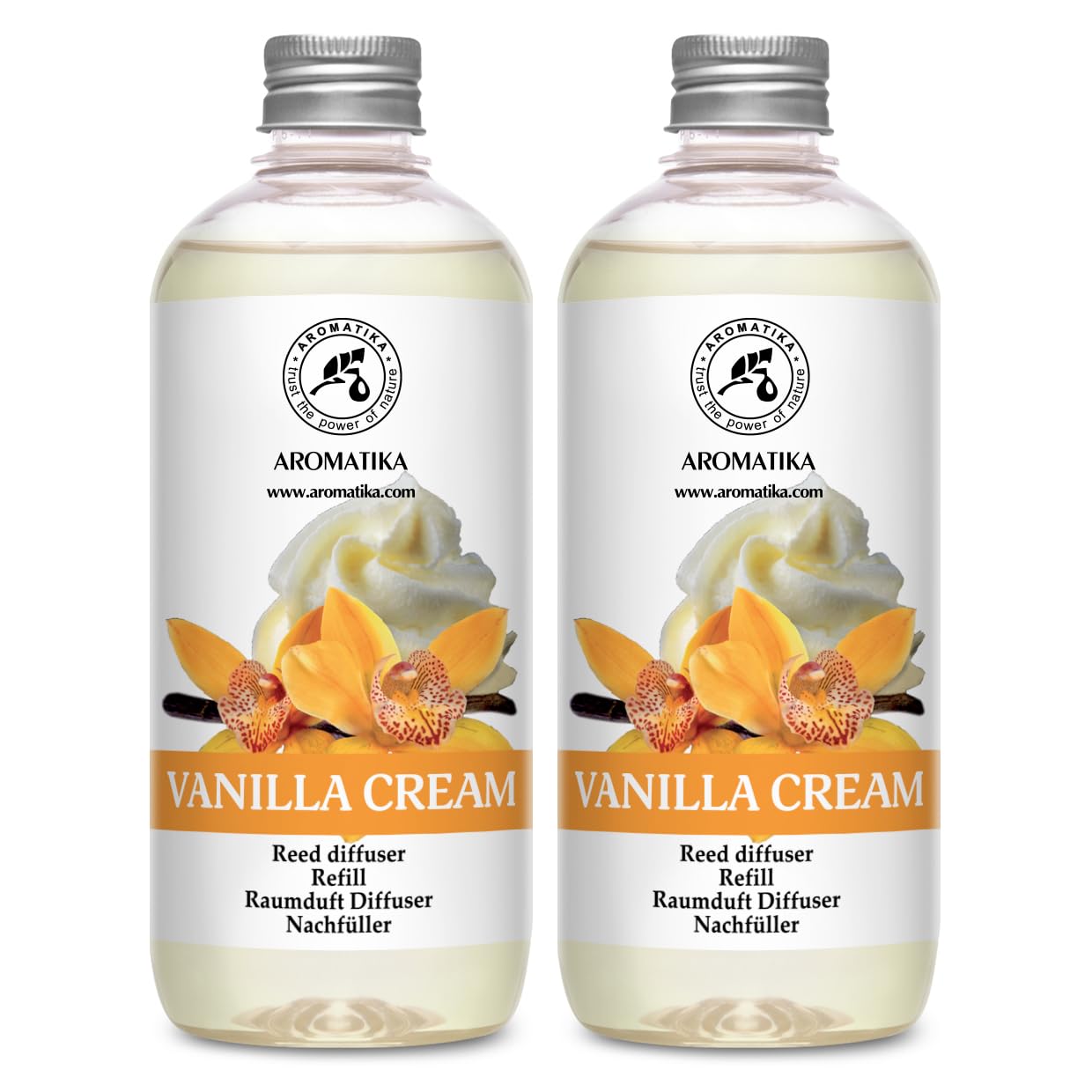 Reed Diffuser Refill Vanilla Cream - 2 x 500ml - Long Lasting Fragrance - Oil Refill for Aromatherapy - Home and Office Scent - Restaurant - Fresh Aroma