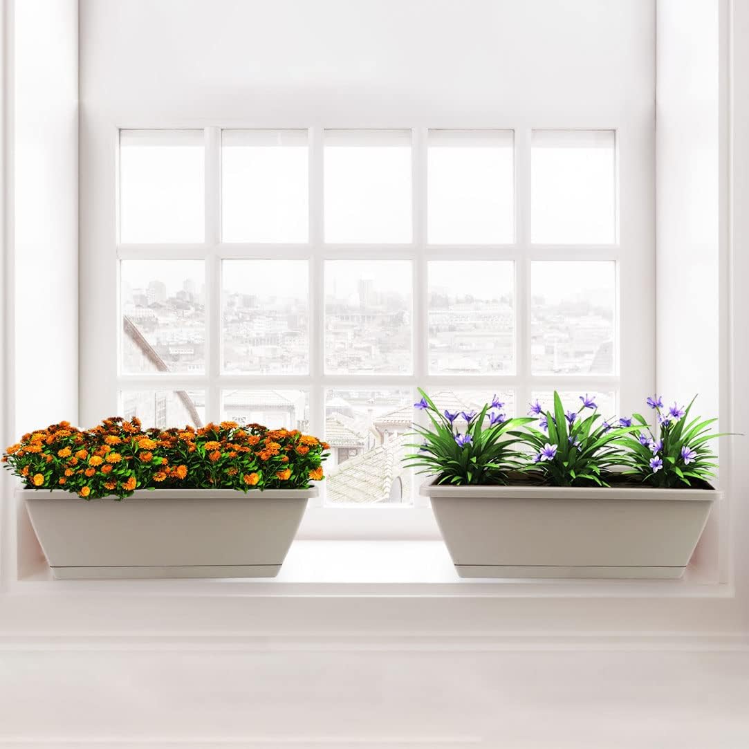 Haiabei 8Pcs Flower Window Box Planter Rectangle Plant Pot Planter 17 Inch Herb Planters with Tray Herb Pots for Indoor Plants Large Flower Boxes for Bay Window,Kitchen Windowsill,Coffee Table,Grey