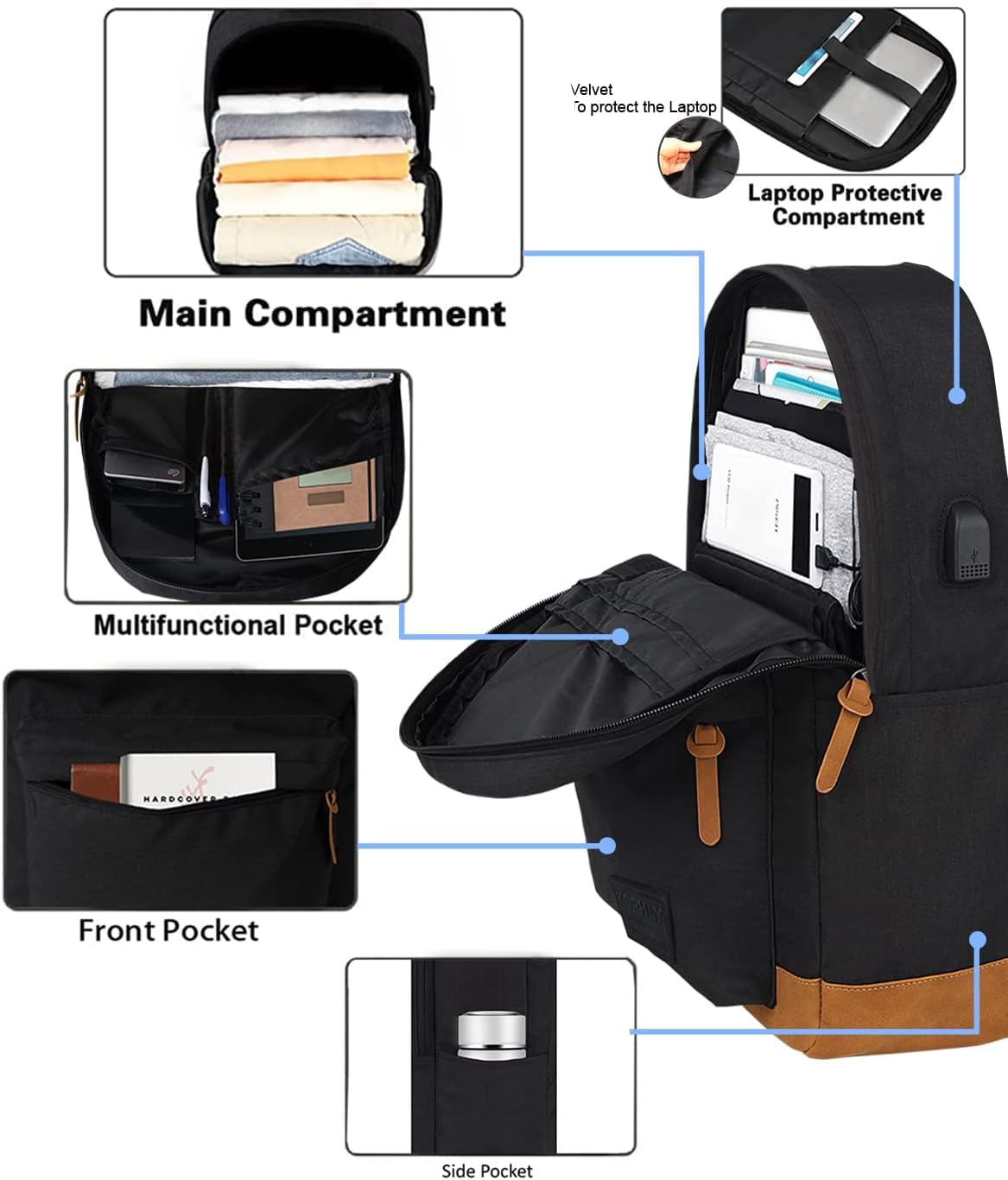 KOPHLY Large Travel Laptop Backpack with USB Charging Port for Men and Women, Work Backpack, Classic Backpack for College, Travel(18Inches/Black)
