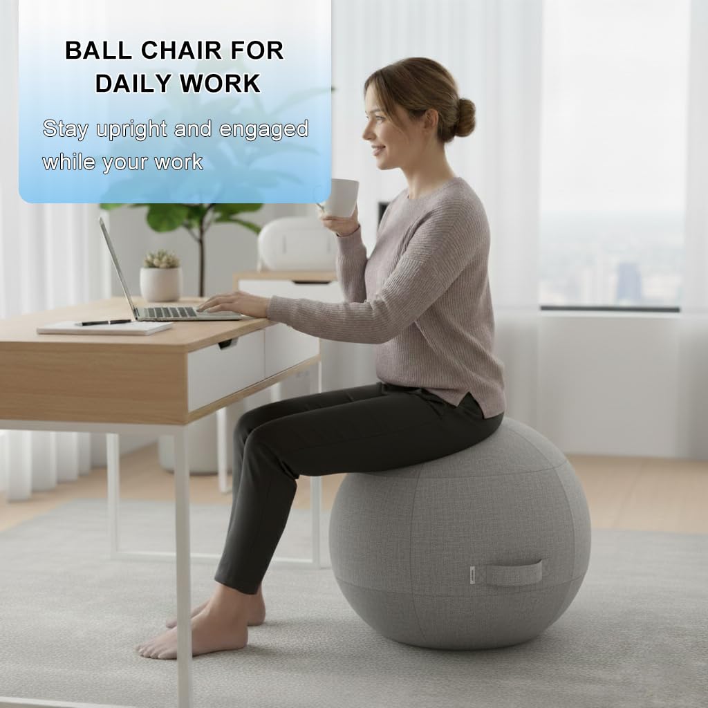 Exercise Ball Chair with Fabric Cover, Standard Size (25inches/65cm), for Home Offices, Balance Training, Yoga Ball (Gray)