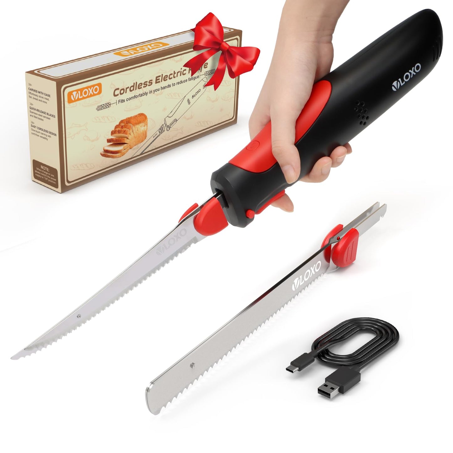 VLOXO Cordless Electric Knife for Bread and Meat Slicing, Rechargeable Electric Carving Knife with Safety Lock & 2 Reciprocating Blades, Ergonomic Anti-Slip Meat Cutter for Turkey, Fish Fillet, Steak