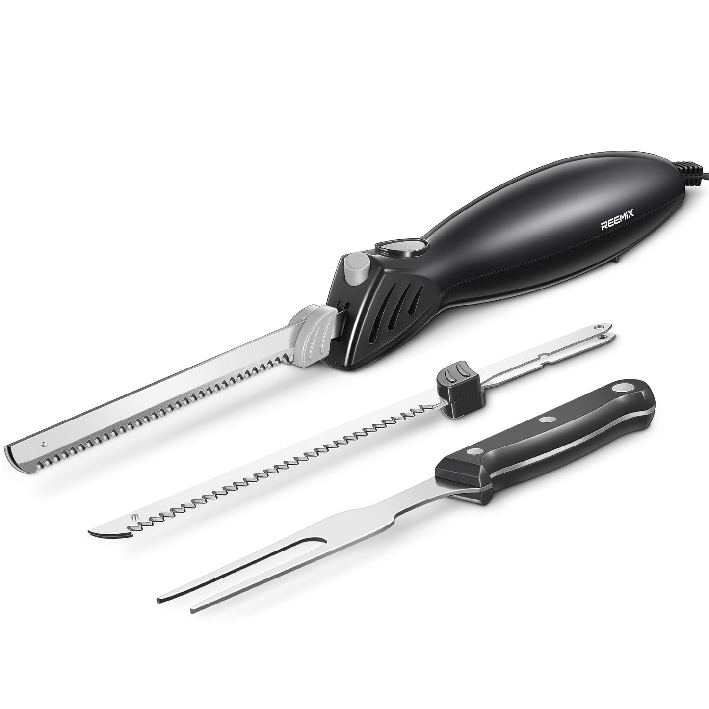 Electric Knife, Reemix Z3042 Electric Knife Set for Carving Meats, Poultry, Bread, Crafting Foam & More, 2 Blades for Meats & Bread, Fork Included (Black)