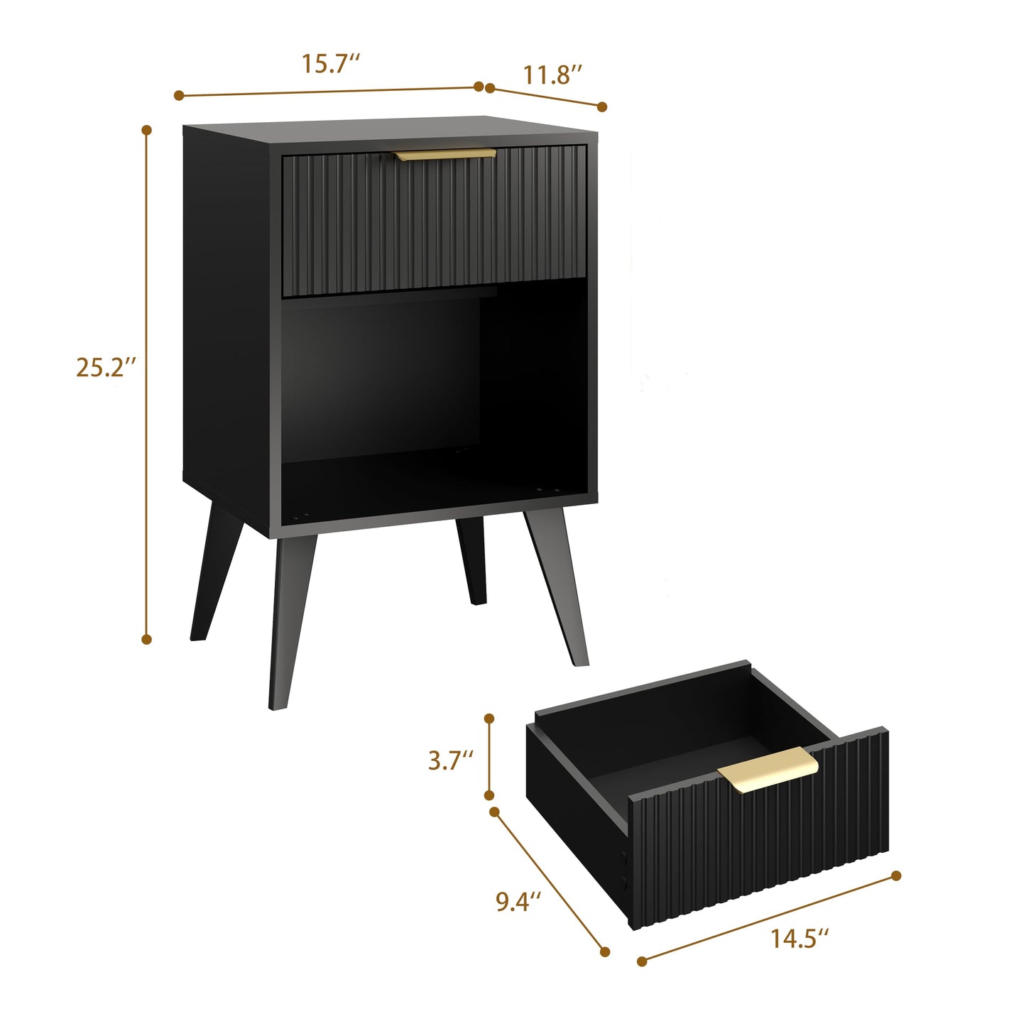 Fluted Night Stand with Opening Storage,Mid Century Bedside Table with Drawer,Modern Nightstand with Solid Wood Legs,End Table Side Table for Living Room,Bedroom,Black CAACTG56BK
