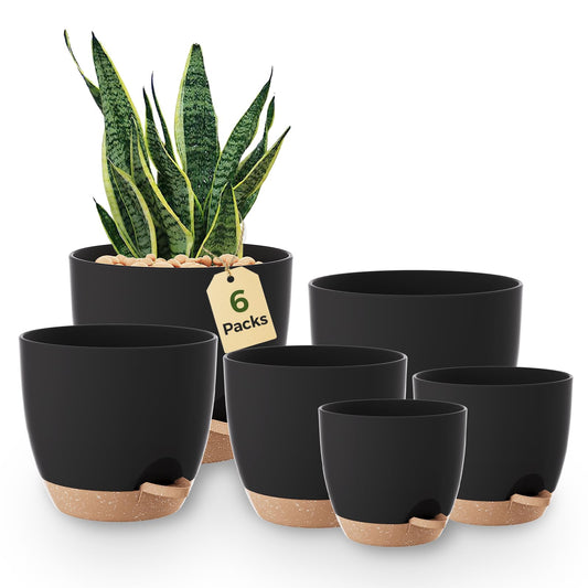Bamworld 6 Pack Indoor Plant Pots Shelf Watering Planters for Indoor Plants with Drainage Hole Plastic Plant Pot for Home Gardening Containers(Black)
