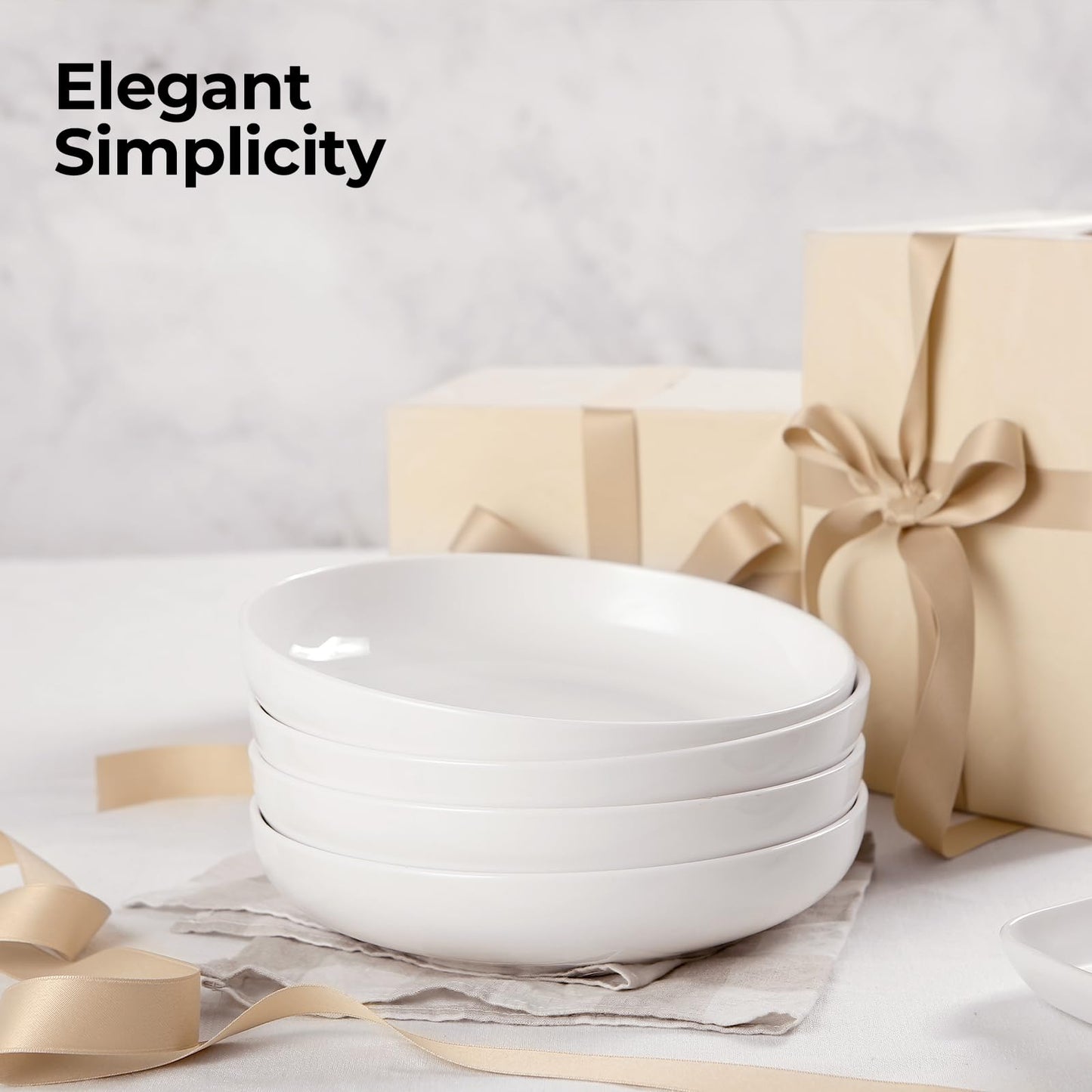 Y YHY 9.75" Pasta Bowls Set of 4, Large Shallow White Ceramic Salad Bowls, 50oz Wide Dinner Bowls for Pasta, Soup, Salad & Stew, Microwave & Dishwasher Safe, Housewarming Gift