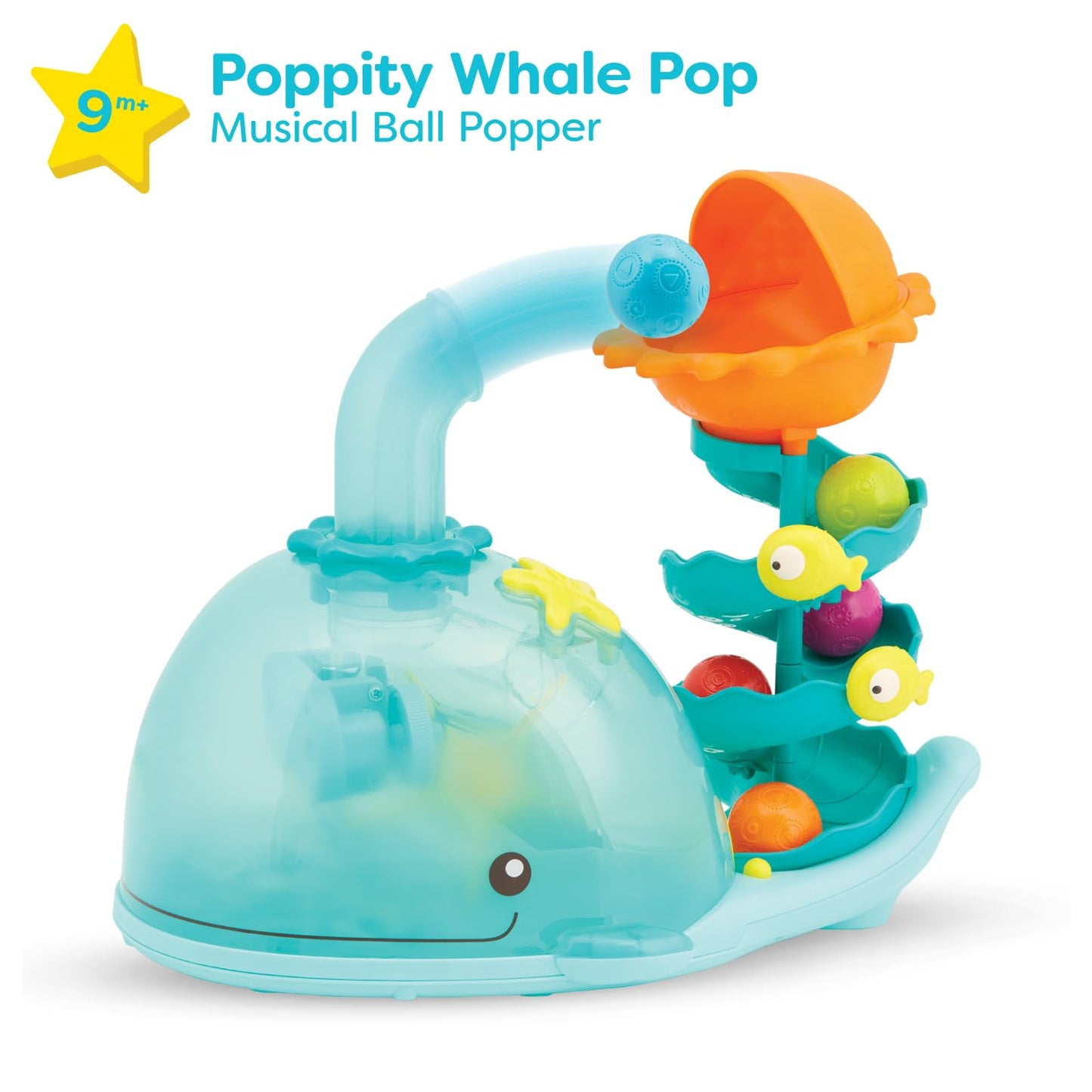B. toys – Musical Whale Ball Popper with Lights – Developmental Sensory and Fine Motor Development – Baby Toy with 5 Balls – Babies, Toddlers – Poppity Whale – 9+ Months