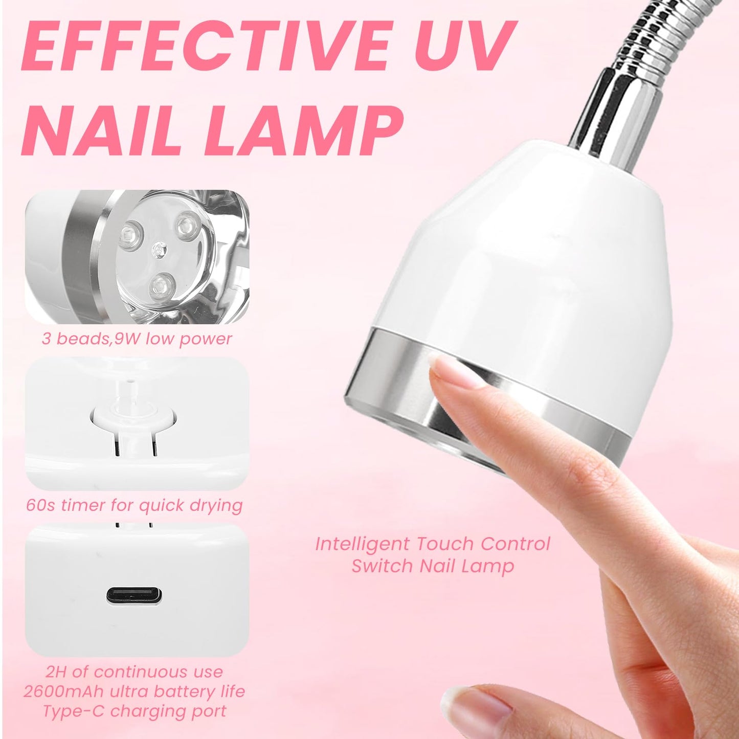Touch UV Nail Light, Cordless Flash Cure Nail Lamp with Smart Touch and 60s Timer, Portable Mini Gooseneck UV Light for Gel Nails, Gel Nail Lamp for Home DIY Salon