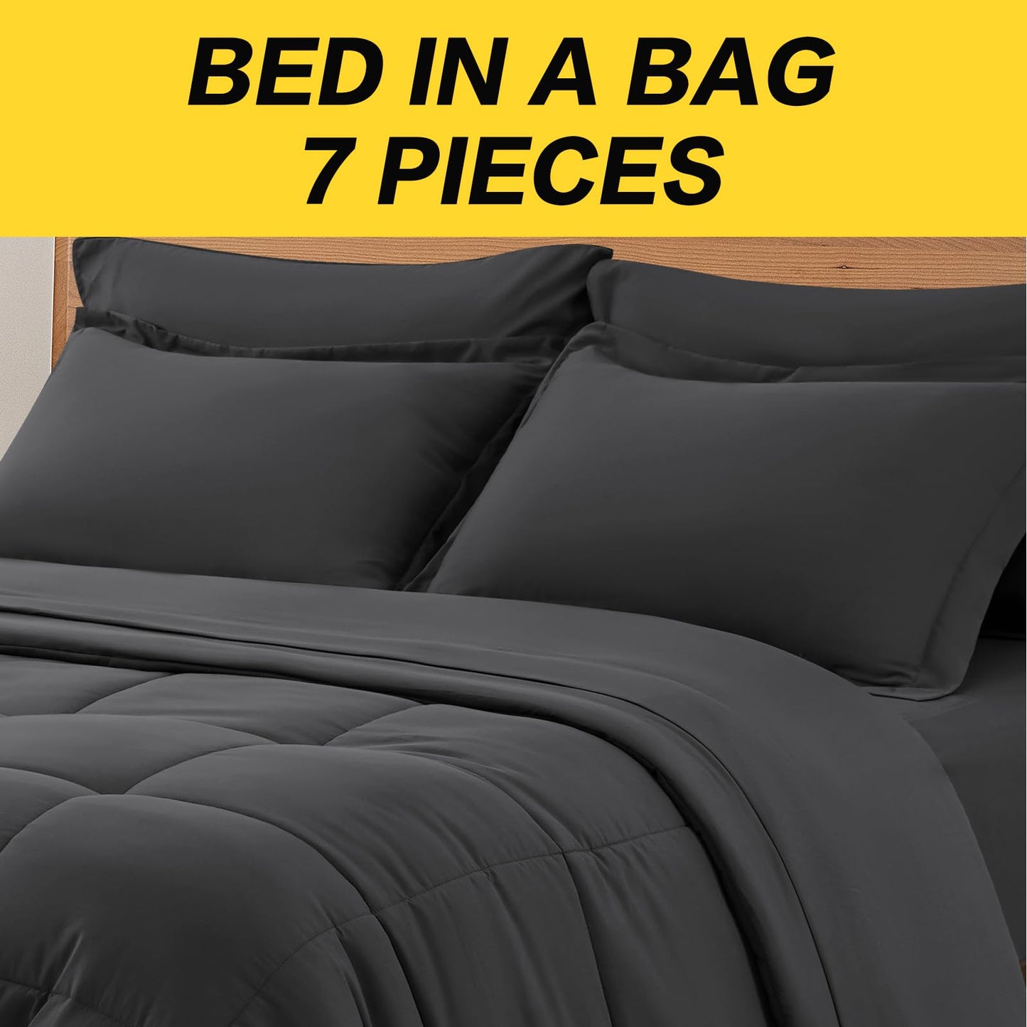 KELTARO Queen Size Comforter Set - 7 Pieces, Bed in a Bag Bedding Sets with All Season Soft Quilted Fluffy Reversible Comforter,Flat Sheet,Fitted Sheet,2 Pillow Shams,2 Pillowcases,Dark Grey