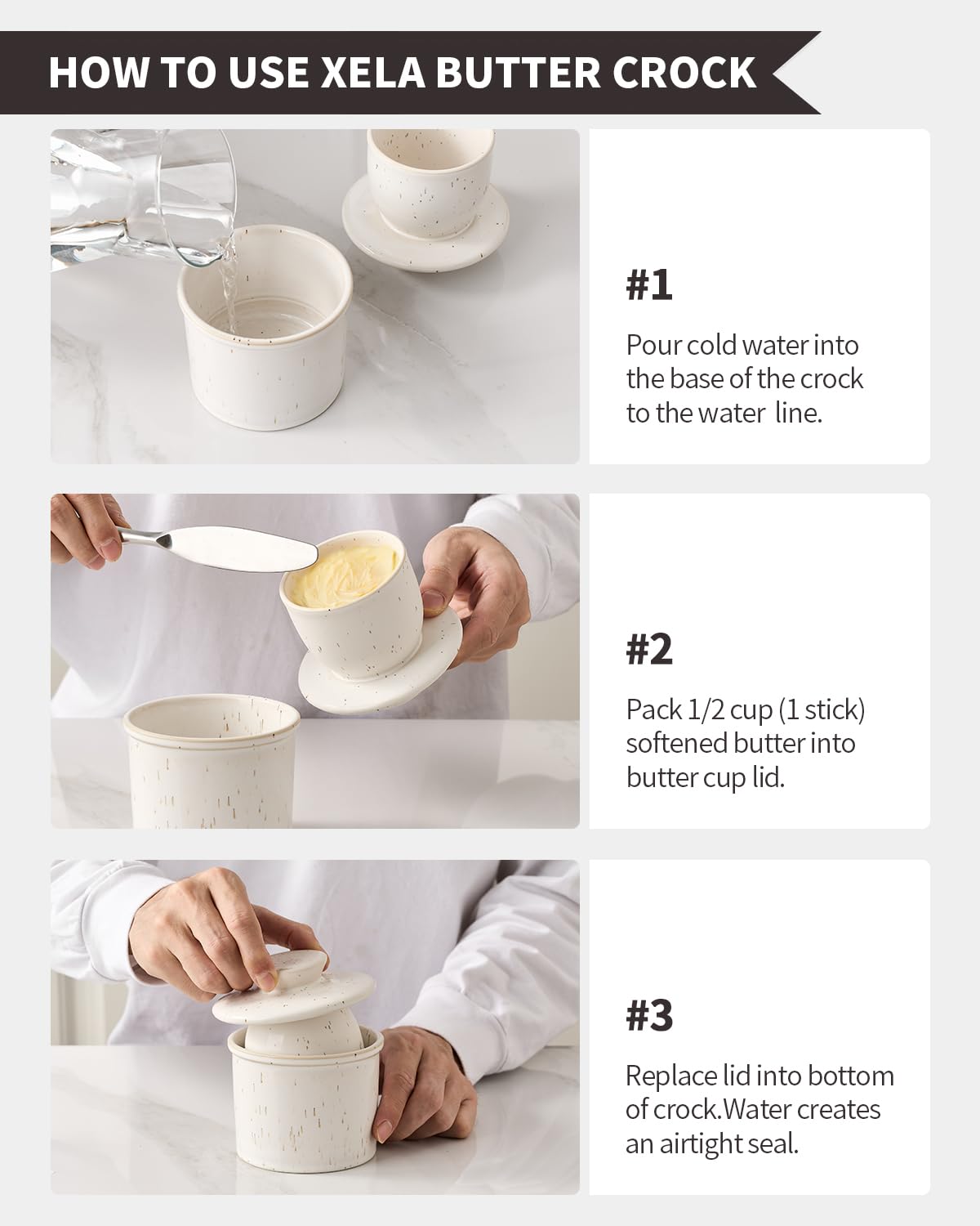 XELA Ceramic Butter Crock, The Original Reactive Glaze Speckled White, Butter Dish with Water Line for Spreadable Fresh Butter & Gift for Women - Speckled White