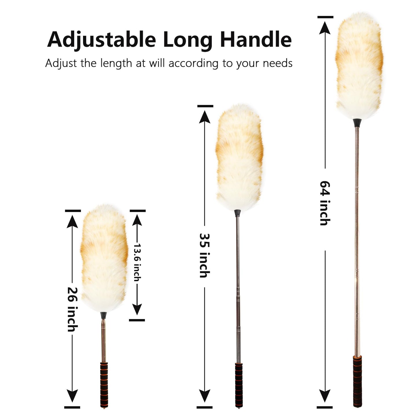 iHUFeather Lambs Wool Extendable Household Cleaning Duster 64" Wall Duster Cleaner with Stainless Steel Long Handle and Extension Pole for Cleaning High Ceiling Fan Interior Roof, Yellow&White