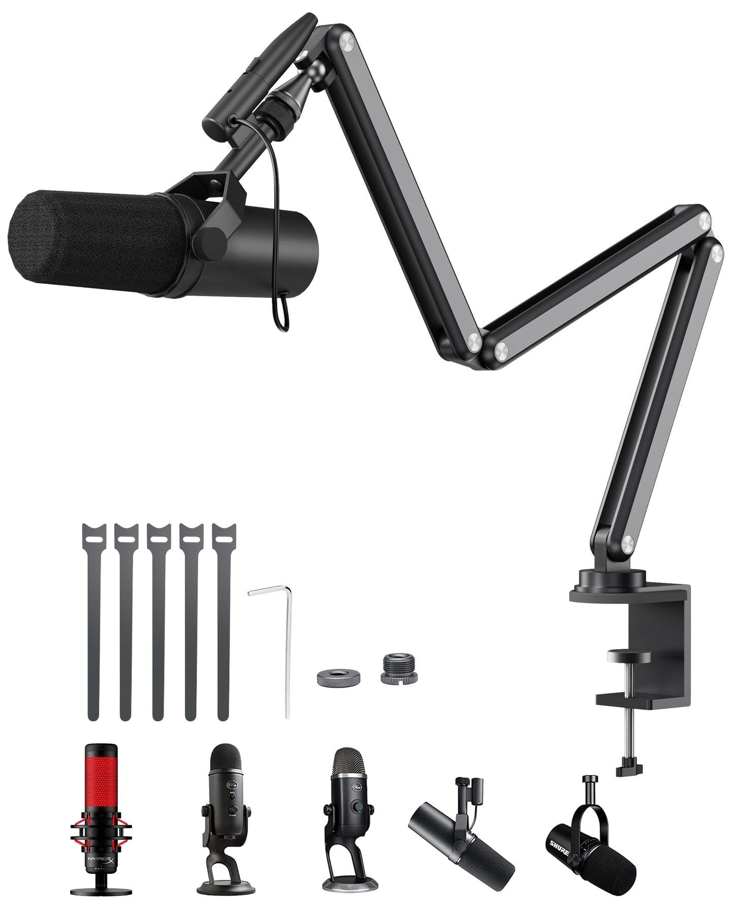 KU XIU Aluminum Alloy Boom Arm Microphone Stand for Desk, Three-Section Adjustable Mic Arm Mount with Cable Management Channels for Desktop Podcasting, Recording, Streaming, Gaming, Home Office-Gray
