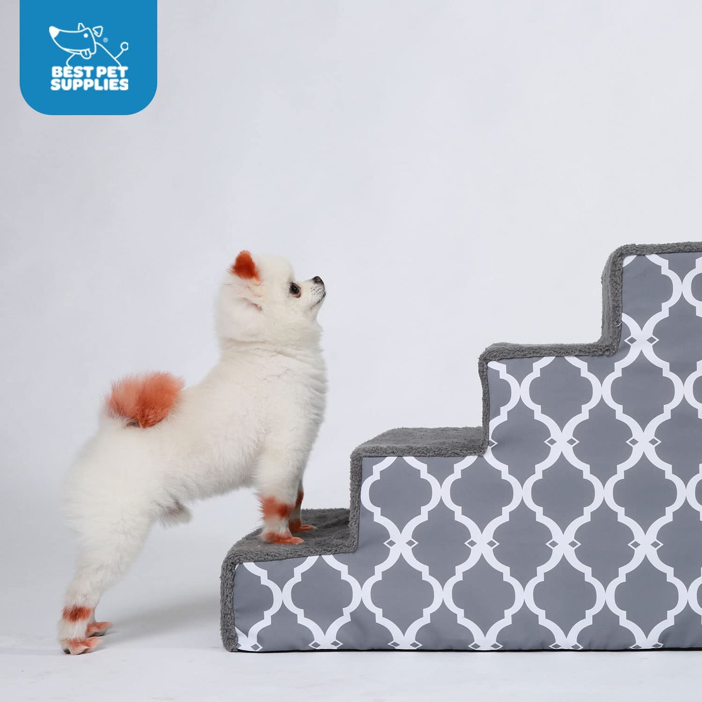 Best Pet Supplies Foam Pet Steps for Small Dogs and Cats, Portable Ramp Stairs for Couch, Sofa, and High Bed Climbing, Non-Slip Balanced Indoor Step Support, Paw Safe - Gray Lattice Print, 3-Step
