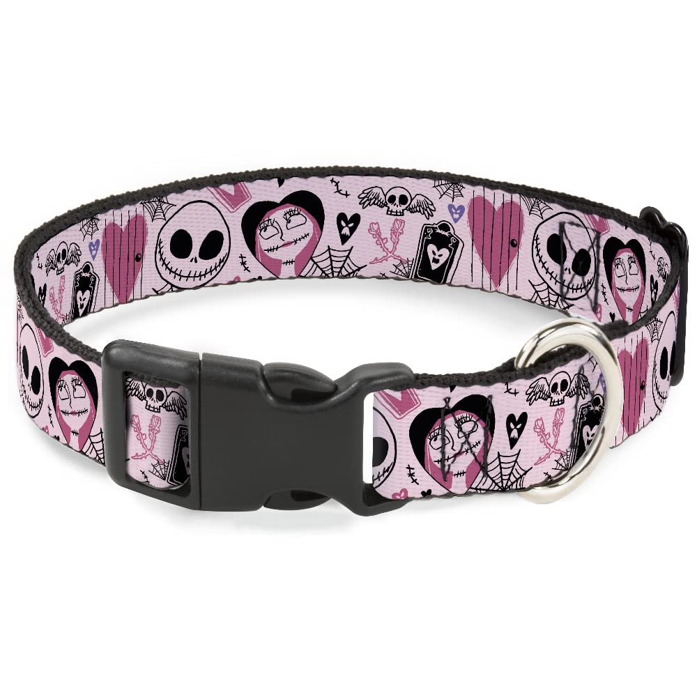 Disney Pet Collar, Dog Collar Plastic Buckle, The Nightmare Before Christmas Jack and Sally Doodles Pink, 8.5 to 12 Inches 0.5 Inch Wide