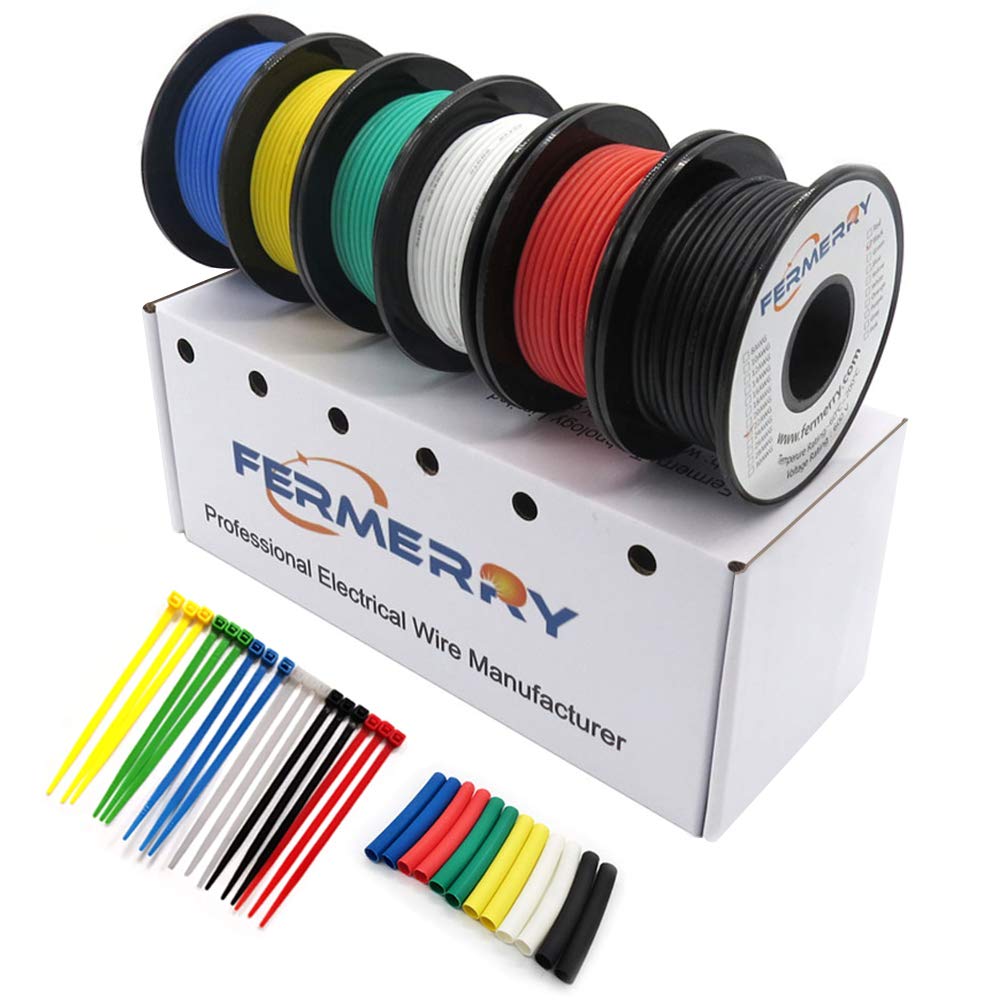 Fermerry Silicone Wire 14 Gauge Electrical Wire Kit Spool 25ft Each 6 Colors Flexible 14 AWG Stranded Tinned Copper Wire
