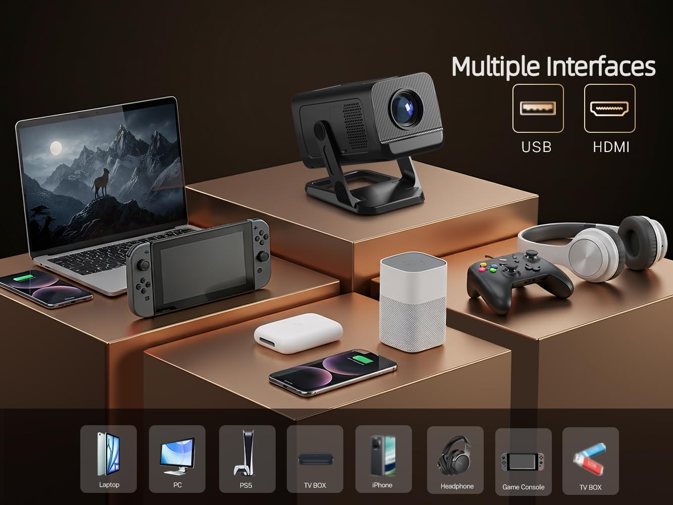 Mini Portable Projector Projecteur Portatif for Bedroom with WiFi and Bluetooth 1080P 4K Support Smart Android 14 OS Auto Keystone Compatible with Netflix, YouTube, Prime Video WEMI X1
