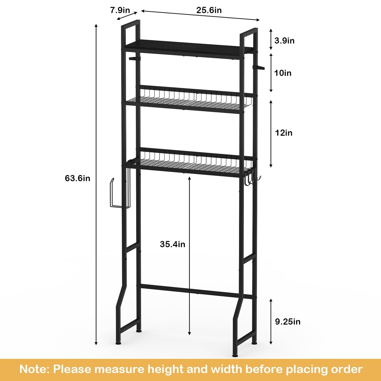 YBING Over The Toilet Rack 3 Tier Bathroom Shelf Over Toilet Storage Organizer Freestanding Above Toilet Storage Rack with Metal Frame and Hook Bathroom Stand and Space Saver Shelf,Black