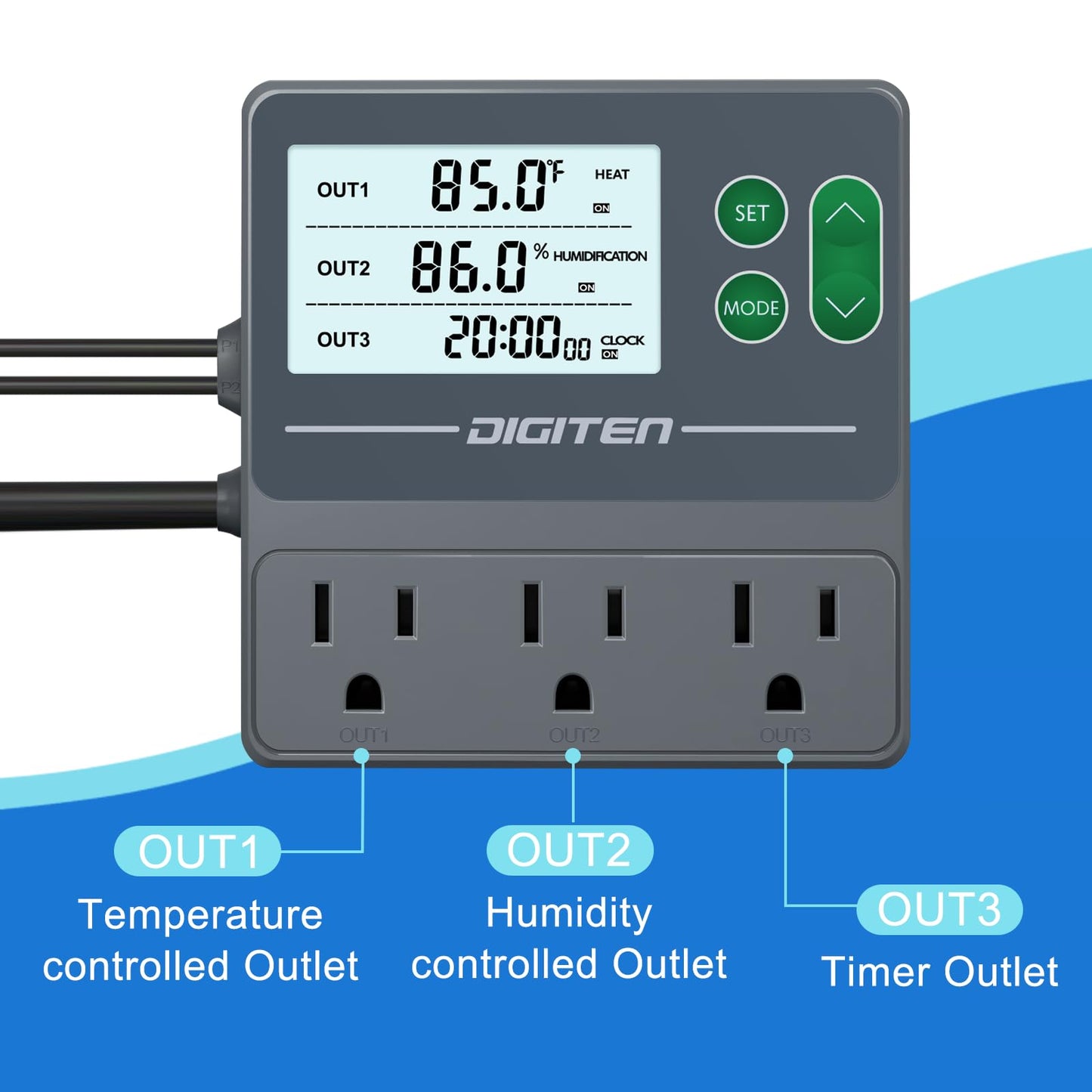 DIGITEN Temperature and Humidity Controller with Timer - 3 Outlet, 2 Separate Probes, Plug in Temperature Controller for Reptiles,Snake, Mushrooms, Tent, Triple Control for Temp,Humidity,Time