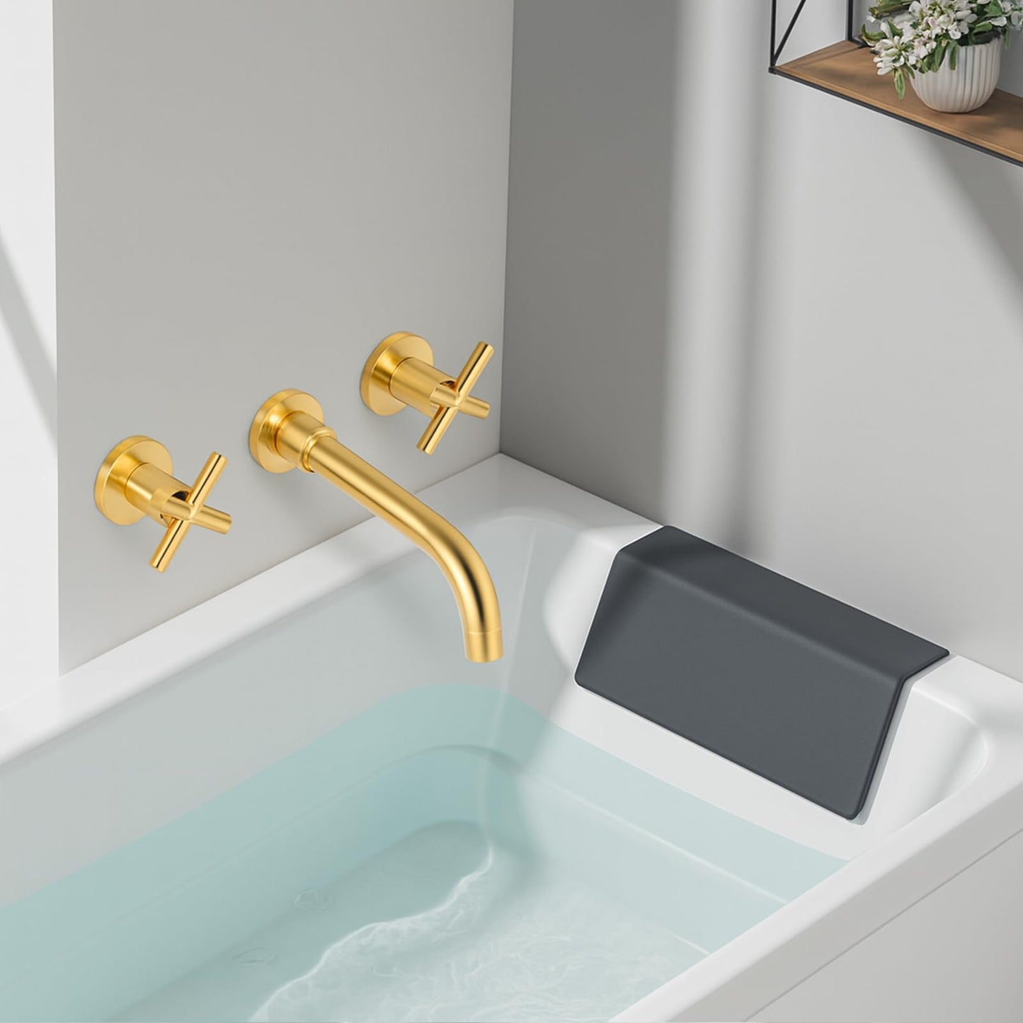 Noliven Brushed Gold Wall Mount Faucet, Brushed Brass Bathroom Sink Faucet, 2 Cross Handle Wall Mount Vessel Sink Faucet for Vanity Lavatory Sink, Wall Mounted, Rough-in Brass Valve Included