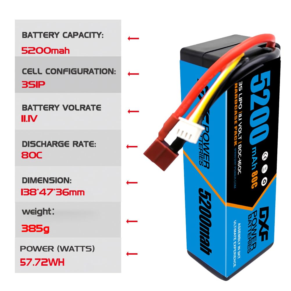 DXF Premium 3S 3s lipo Battery 5200mAh 11.1V 80C Hard Case Deans/T Plug LiPo Battery for RC Car, Boat, Truck, rc Tank Racing Models - 2 Pack
