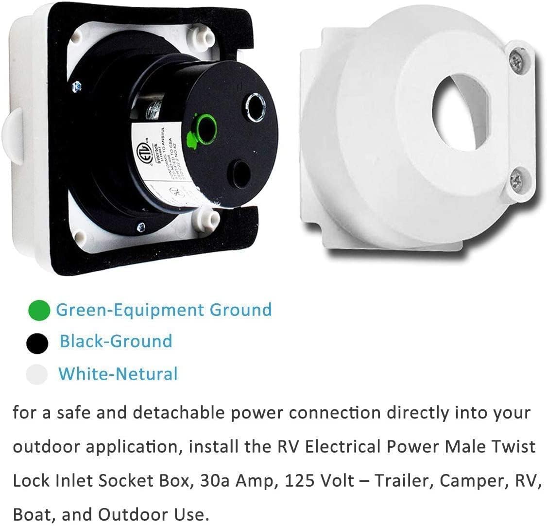 30AMP RV Power Inlet Receptacle, 125V RV Power Plug Twist Lock Inlet, RV Power Female Twist Locking Connector with Weatherproof Cover Boot for Trailer Boat Camper, RV Shore Power Inlet Plug Kit