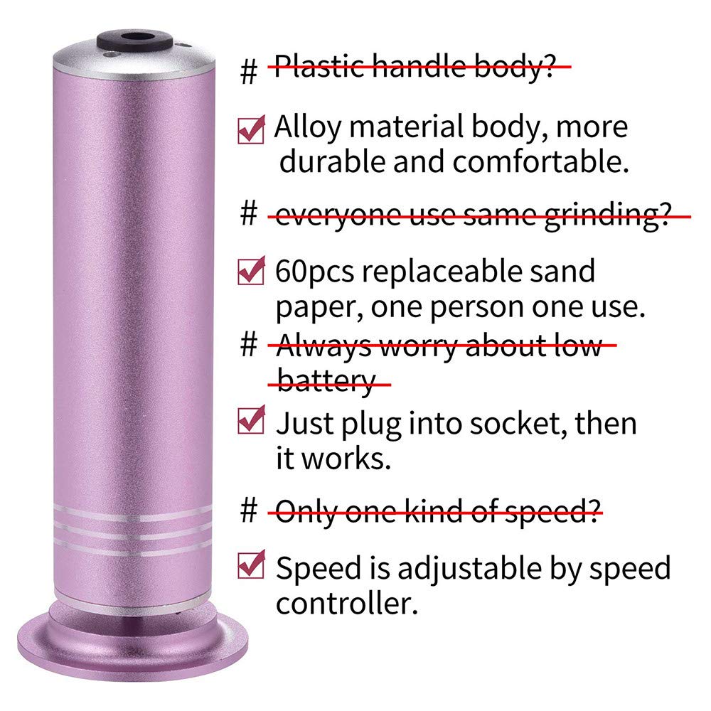 1200RPM Electric Speed Adjustable Foot File Callus Remover Machine,with 60pcs Replacement Sandpaper Disk,Dry Dead Cracked Skin Callous Foot Care Machine（pink）