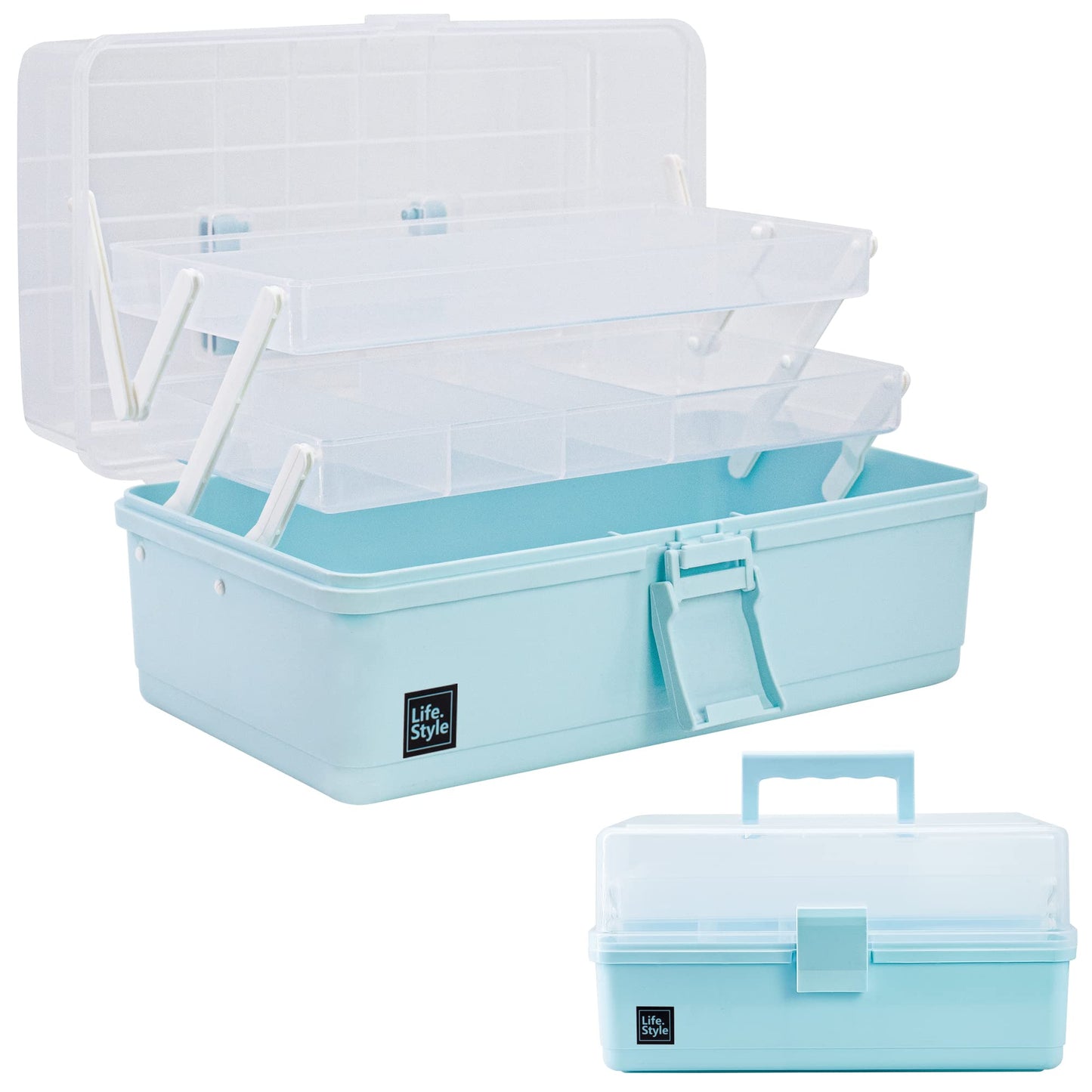 Creahaus 34cm Art Craft Organizer Storage Box with 3 Layers, Multifunctional Plastic Tool Box with Handle for Sewing, Makeup, Medicine, Nail, Hair Accessories for Kids (Blue)