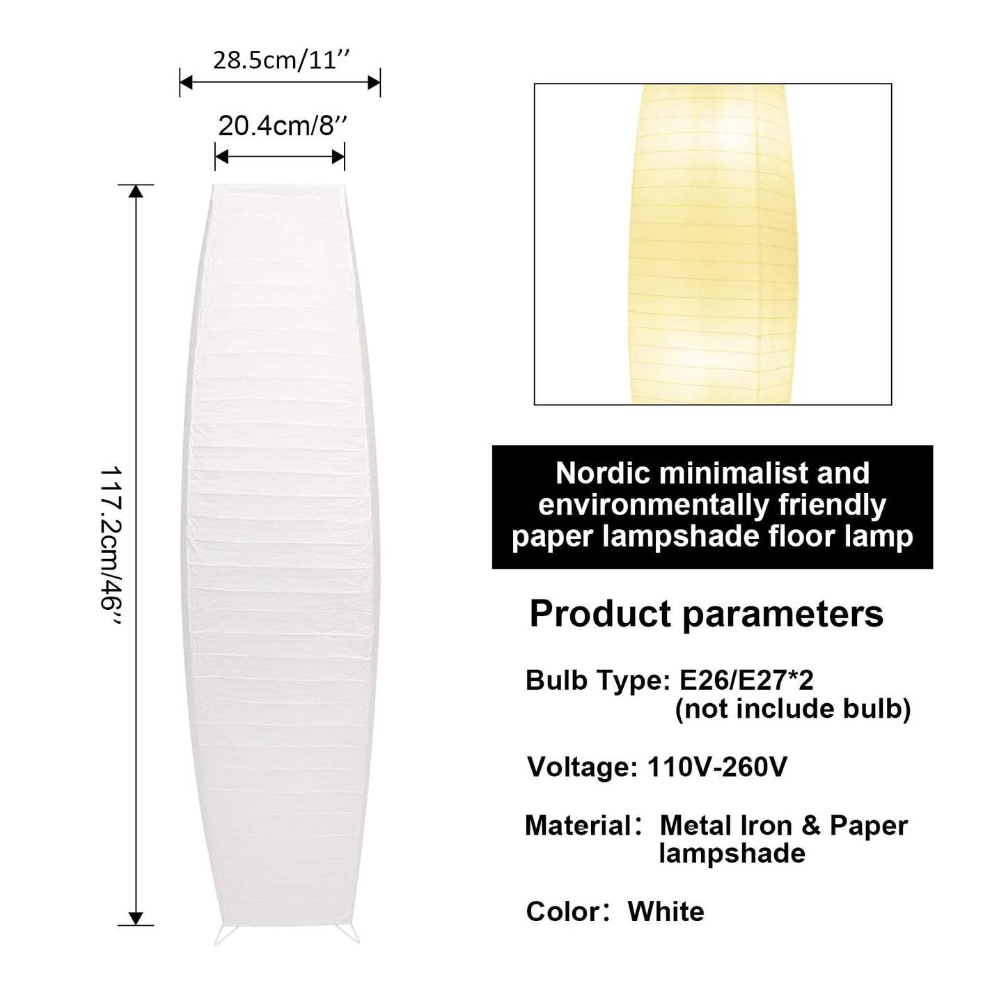 HonoDing 46'' Tall Paper Floor lamp, Japanese Style Paper Lamp,Rice Paper Lamp with White Paper Shade, On/Off Foot Switch - Ideal as Paper Floor Lamps for Living Room, Bedroom Decor (1-PK)