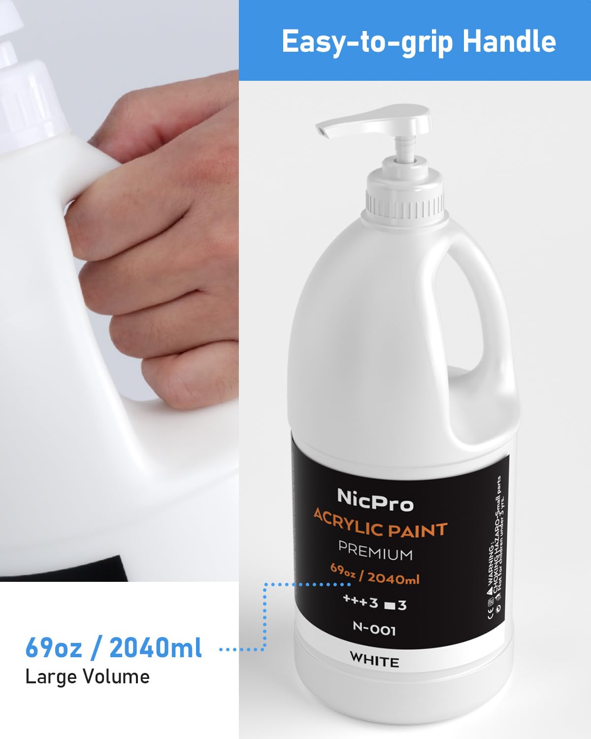 Nicpro White Large Acrylic Paint Set (69 oz, 2040 ml) Rich Art Painting Supplies Non Toxic for Multi Surface, Canvas, Wood, Leather, Fabric Stone Craft, for Beginner & Adult with Pump
