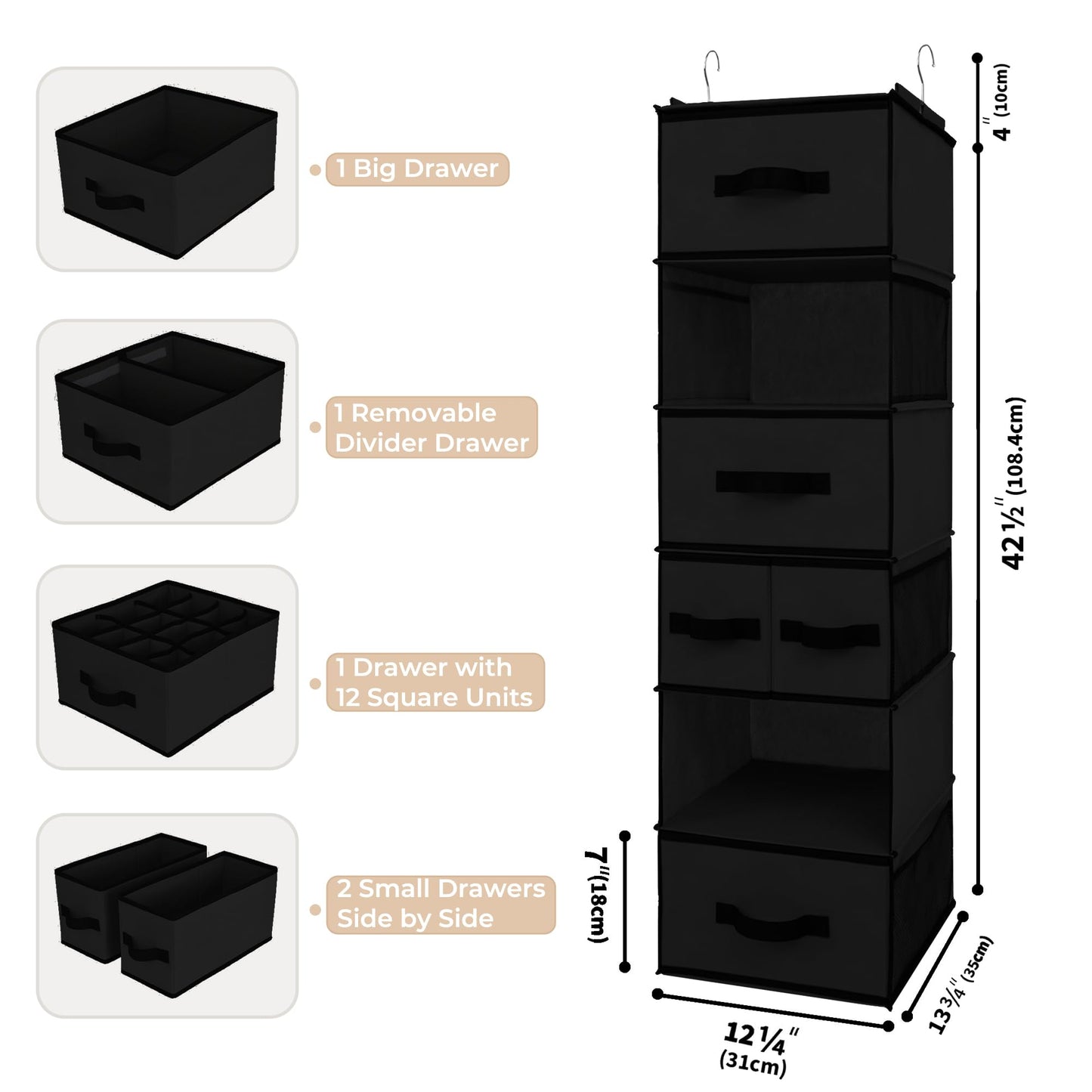GRANNY SAYS Hanging Closet Organizer with Drawers, Rangement Garde Robe, Hanging Storage Organizer, Closet Organizers and Storage for Clothes, 1-Pack, 31 x 35 x 108.4cm, 6-Shelf, Black
