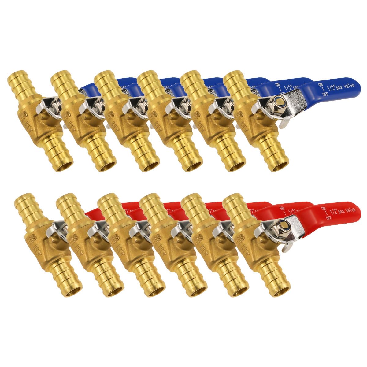 Horiznext pex valves 1/2 inch, brass full port pex shut off valve barb kit with crimp rings for water pipe fitting air hose fuel tubing and gas line (6 red & 6 blue)