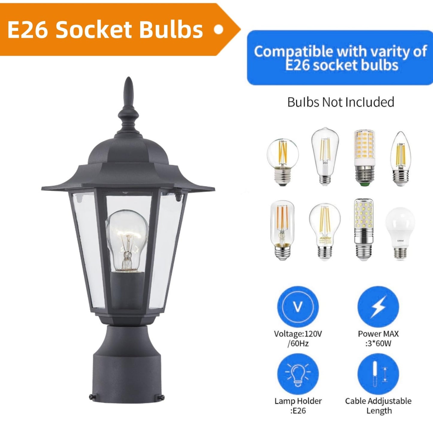 Outdoor Post Light, Pole Lantern, E26 Base 60W Max, Aluminum Housing Plus Glass, Wet Location Rated, ETL Qualified, Bulbs not Included, Black