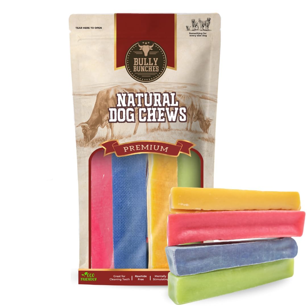 Bully Bunches Premium Flavored Himalayan Yak Chew for Dogs, 100g, All-Natural, Long-Lasting, Authentic Yak Milk, Healthy Dental Chew (Strawberry, Blueberry, Mint & Cheese Yak Chews, Medium, 4 Pack)