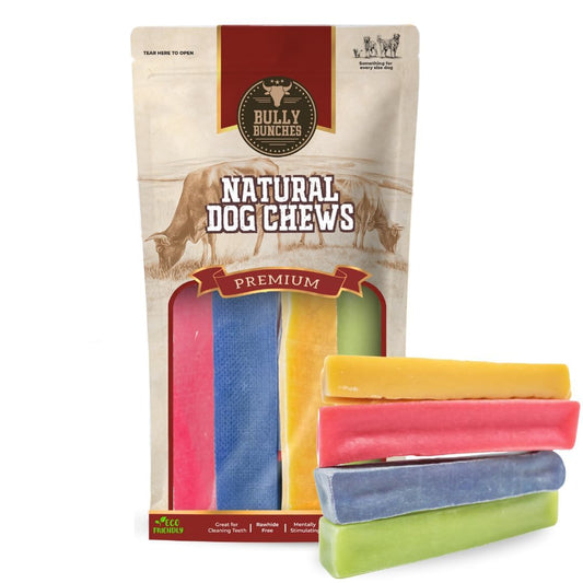 Bully Bunches Premium Flavored Himalayan Yak Chew for Dogs, 100g, All-Natural, Long-Lasting, Authentic Yak Milk, Healthy Dental Chew (Strawberry, Blueberry, Mint & Cheese Yak Chews, Medium, 4 Pack)