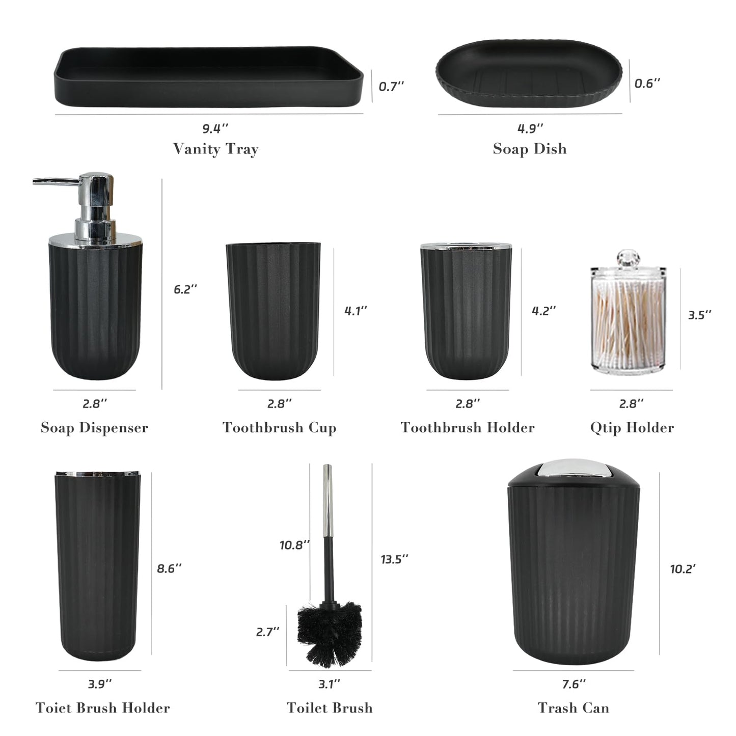 Black Bathroom Accessories Set, 9-Piece Bathroom Accessory Sets Complete with Trash Can,Shower Curtain, Vanity Tray, Soap Dispenser (Black)