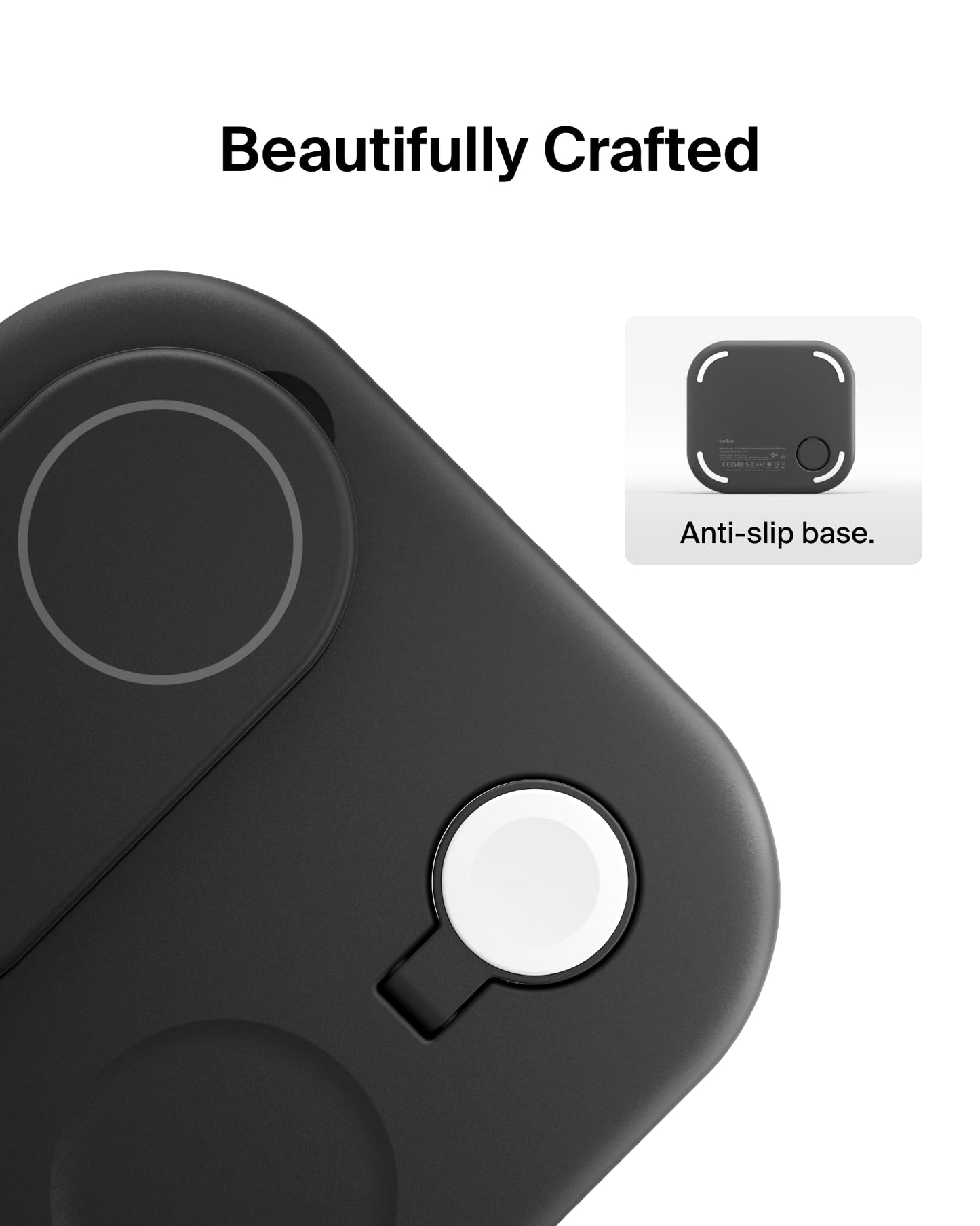 Belkin 3-in-1 MagSafe-Compatible iPhone Charger 15W, Foldable Magnetic Qi2-Certified Wireless Charging Station for iPhone 17, Apple Watch Series 10, AirPods 4, and More, w/Non-Slip Base & PSU - Black