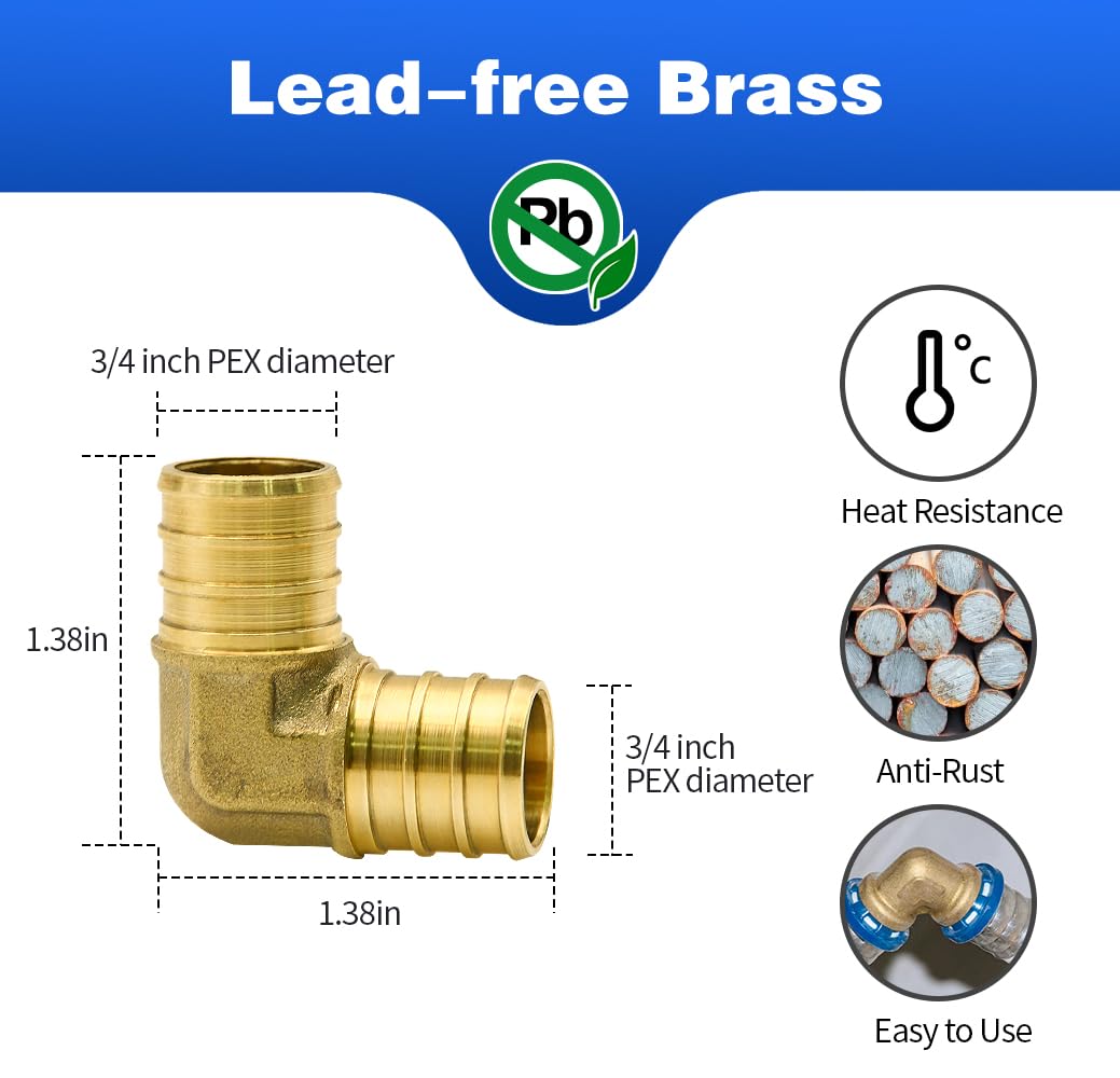3/4 Inch 90 Degree Elbow PEX Fittings, 25 Pack 3/4 Inch 90 Degree Elbow PEX Fittings, Lead Free Brass Crimp for PEX Pipe in Plumbing Jobs