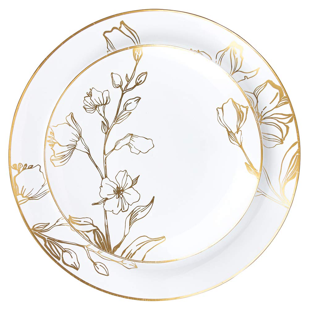 PLASTICPRO 64 Piece Combo Plates Set includes 32 7'' inch Plates & 32 10'' inch Plate White Plastic Floral Design Party Plates With Gold Rim, Premium heavyweight Elegant, Disposable, Dishes,
