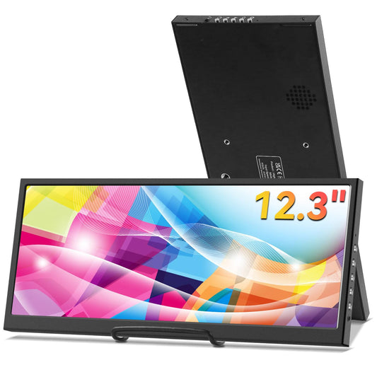 12.3 Inch Secondary Monitor, IPS Stretched Bar LCD Travel Display 1920 * 720 HDMI USBC, Mini Portable Monitor Metal Material for Laptop Computer Windows Aida64 GPU CPU RAM Monitoring,Built-in Speaker