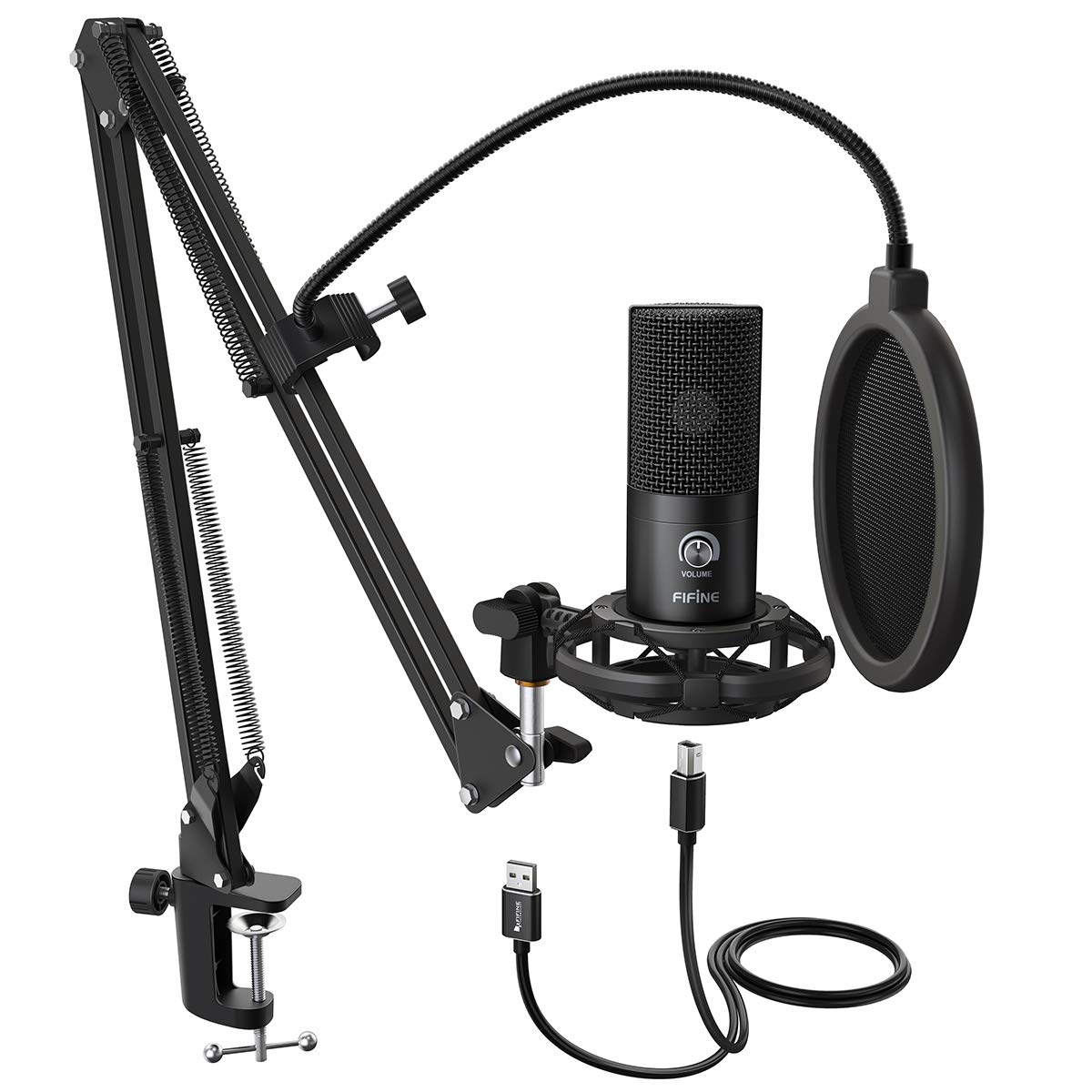Fifine USB Podcast Microphone Kit for PC Computer, Studio Condenser Mic with Boom Arm, Gain Control, Shock Mount for Recording, Voiceover, Video on Tiktok YouTube Video-T669