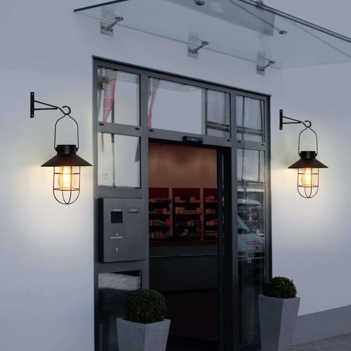 pearlstar Solar Lanterns Hanging Lights Waterproof Solar Lanterns Outdoor Metal Solar Powered for Wall Yard Garden Patio Garage Balcony Porch Fence Decor, Warm White Edison Bulb（Black-2pack）