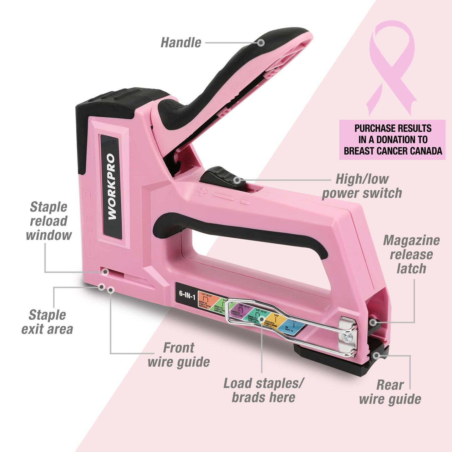 WORKPRO 6-in-1 Manual Staple Gun Kit, Pink Hand Brad Nailer with 4000pcs Staples, Portable Stapler for Upholstery, Crafts, Light Material Repair, Decoration, DIY, Furniture, and Carpentry