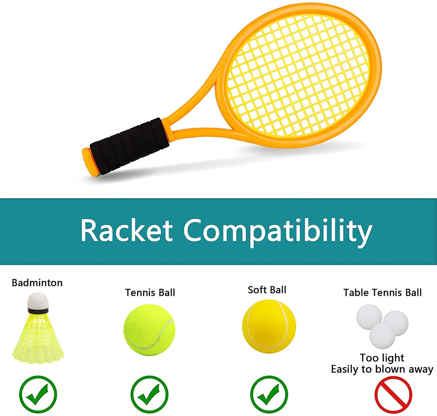 Nileatry Toddler Tennis Racket, Kids Badminton Set Include 2 Soft Ball, 2 Tennis Ball and 4 Badminton Shuttlecocks for Baby, Orange&Green