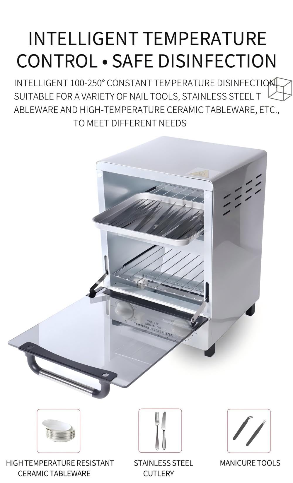 Sterilizer for Nail Tools, 12L Multifunctional High Temperature Cleaning Dry Box Stainless Steel with Temp Control, Timer, 2 Stainless Trays, Tweezer Sterilizer, Nail Salon Equipment